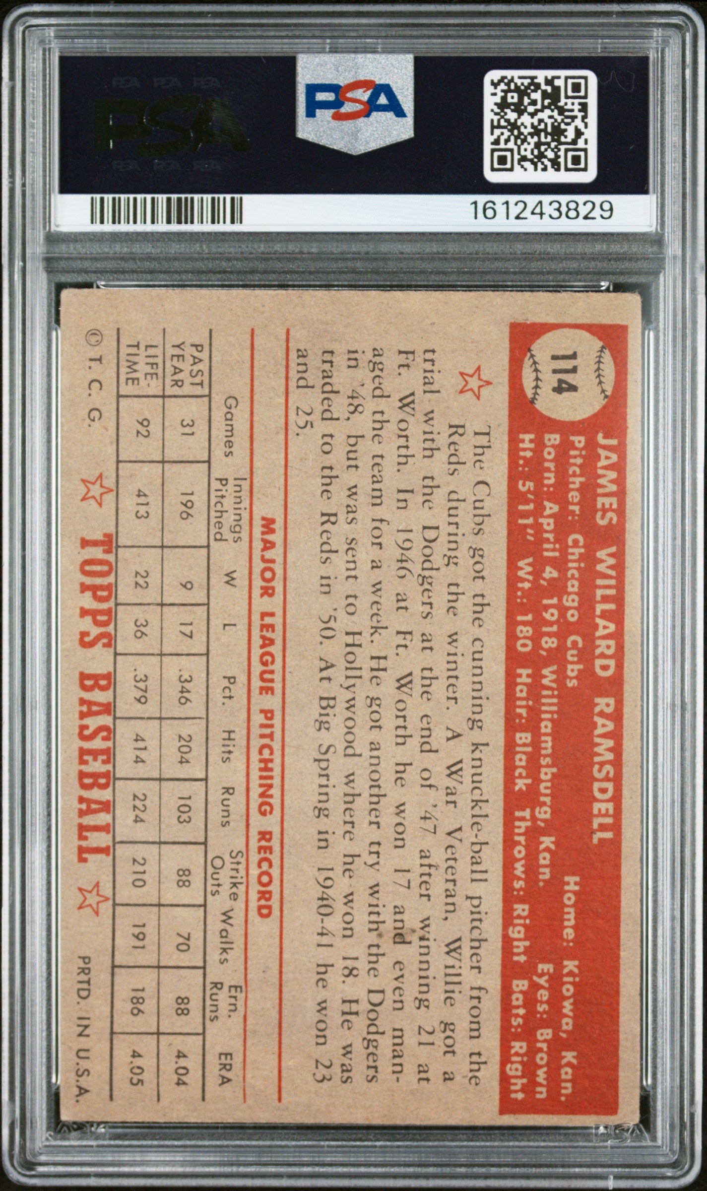 1952 Topps Willard Ramsdell #114 PSA 4