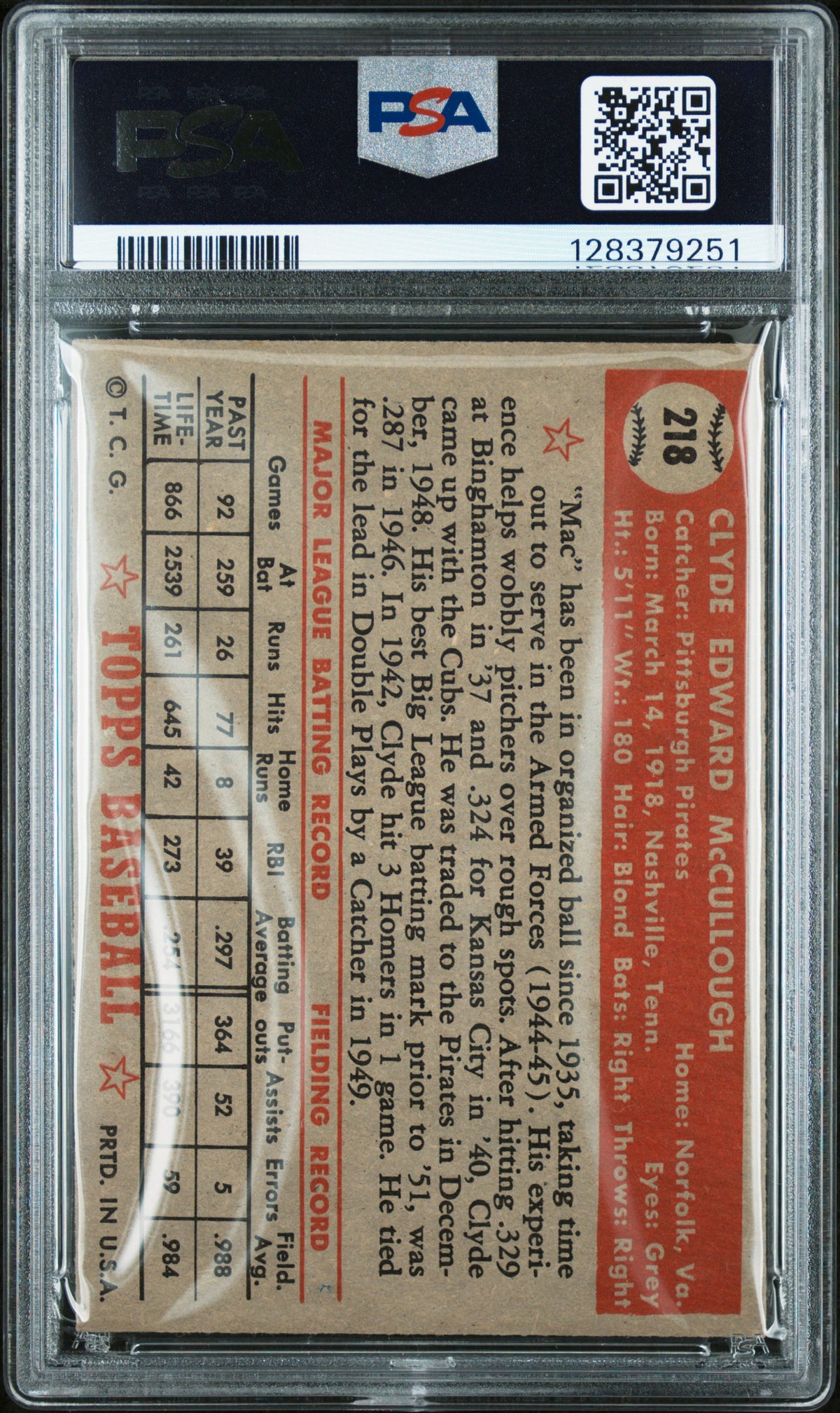 1952 Topps Clyde Mccullough #218 PSA 4