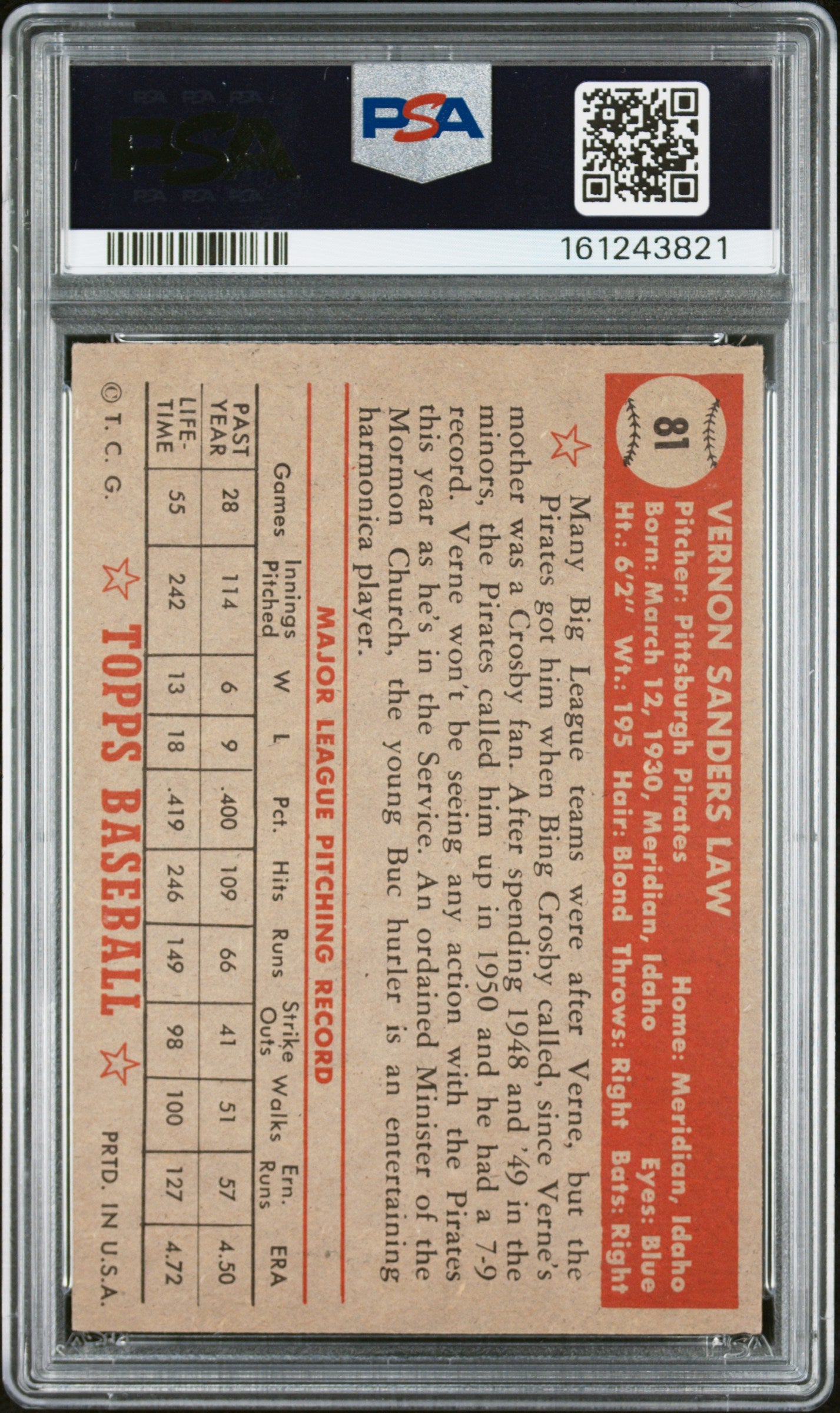1952 Topps Vernon Law #81 PSA 5