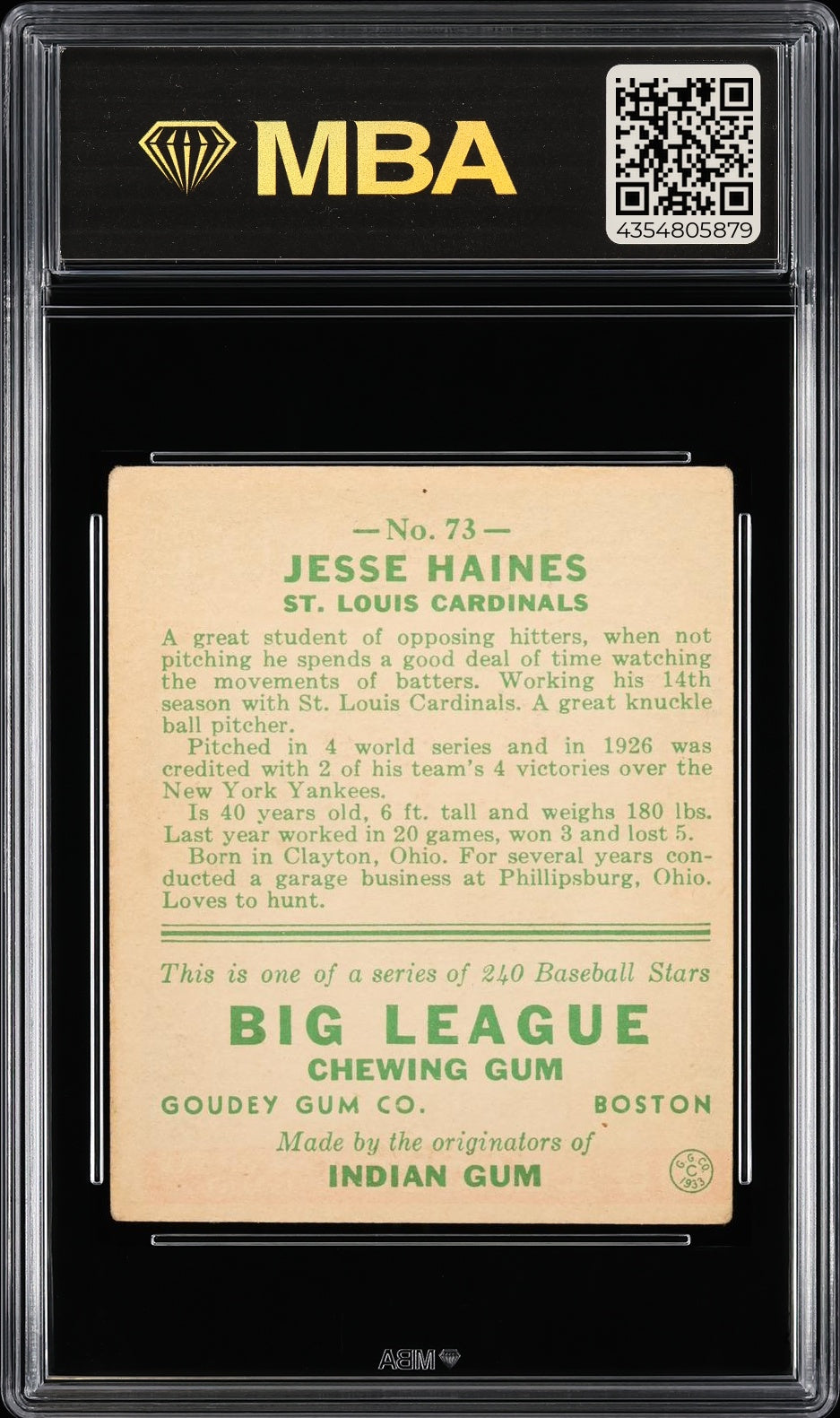 1933 Goudey (R319) Jesse Haines #73 MBA 3