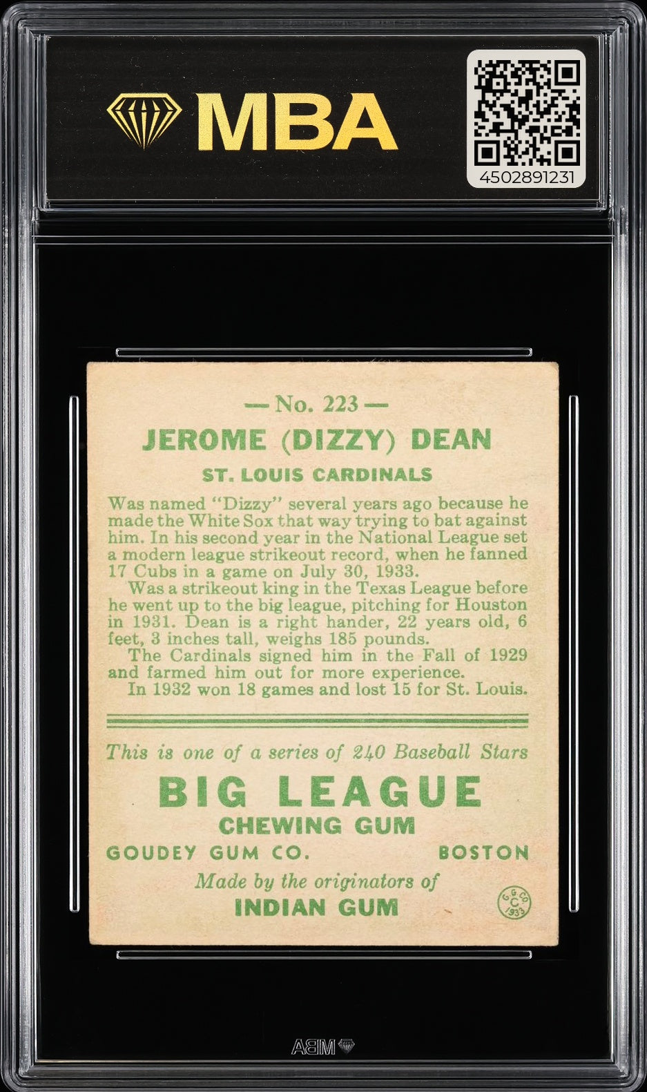 1933 Goudey (R319) Dizzy Dean #223 MBA 3