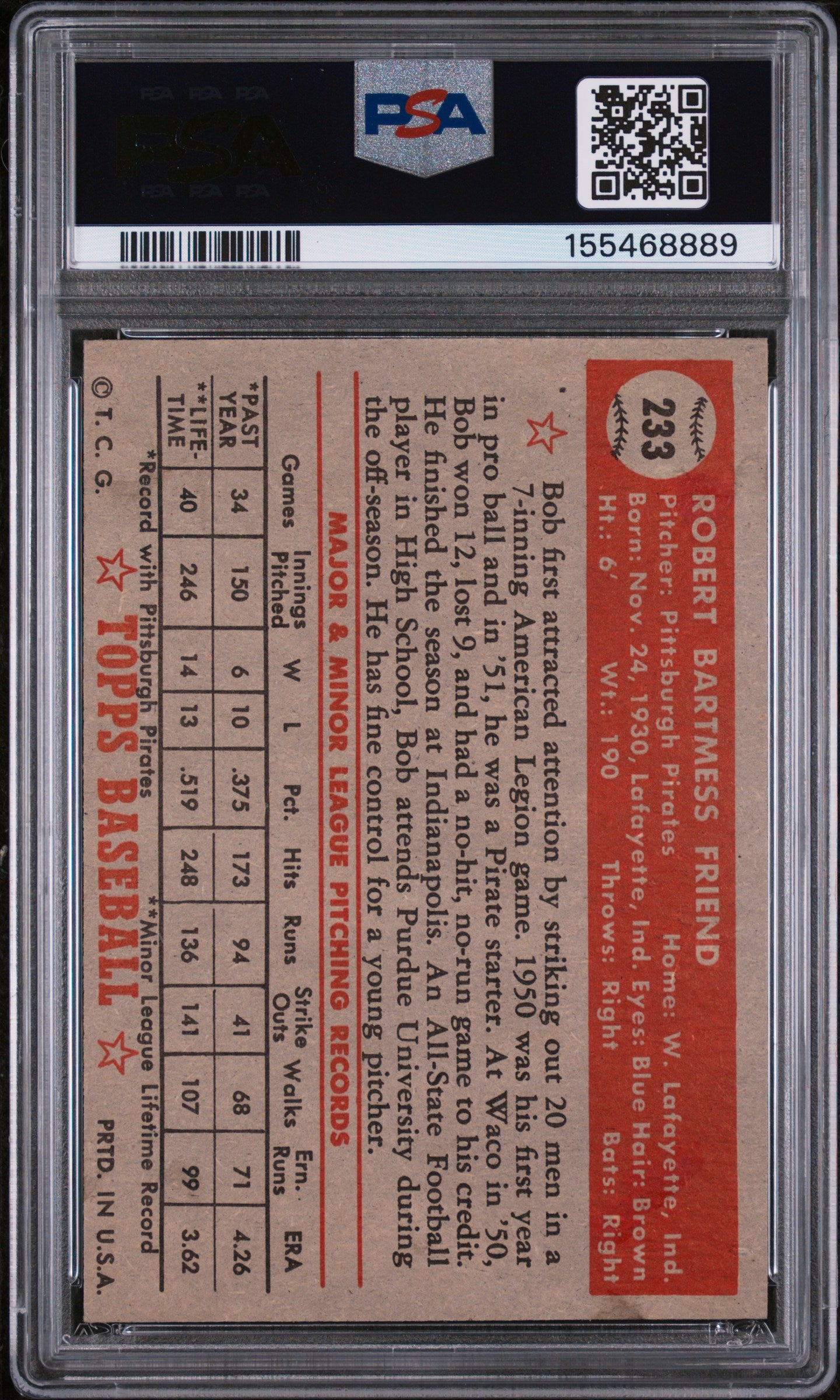1952 Topps Bob Friend #233 PSA 2