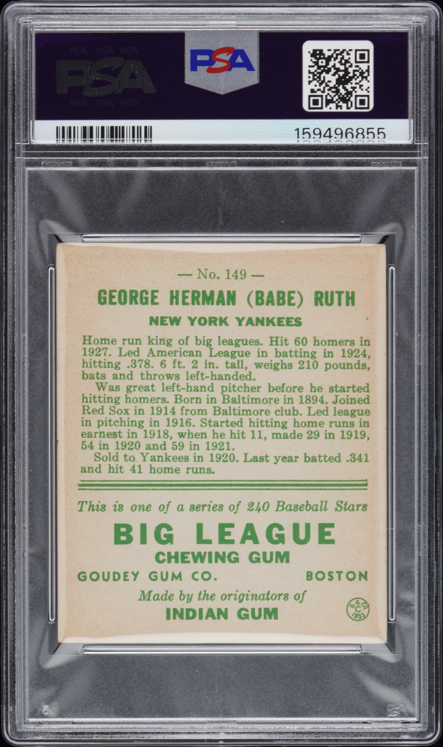 1933 Goudey Babe Ruth #149 PSA 3.5, Fresh to the hobby and recently graded