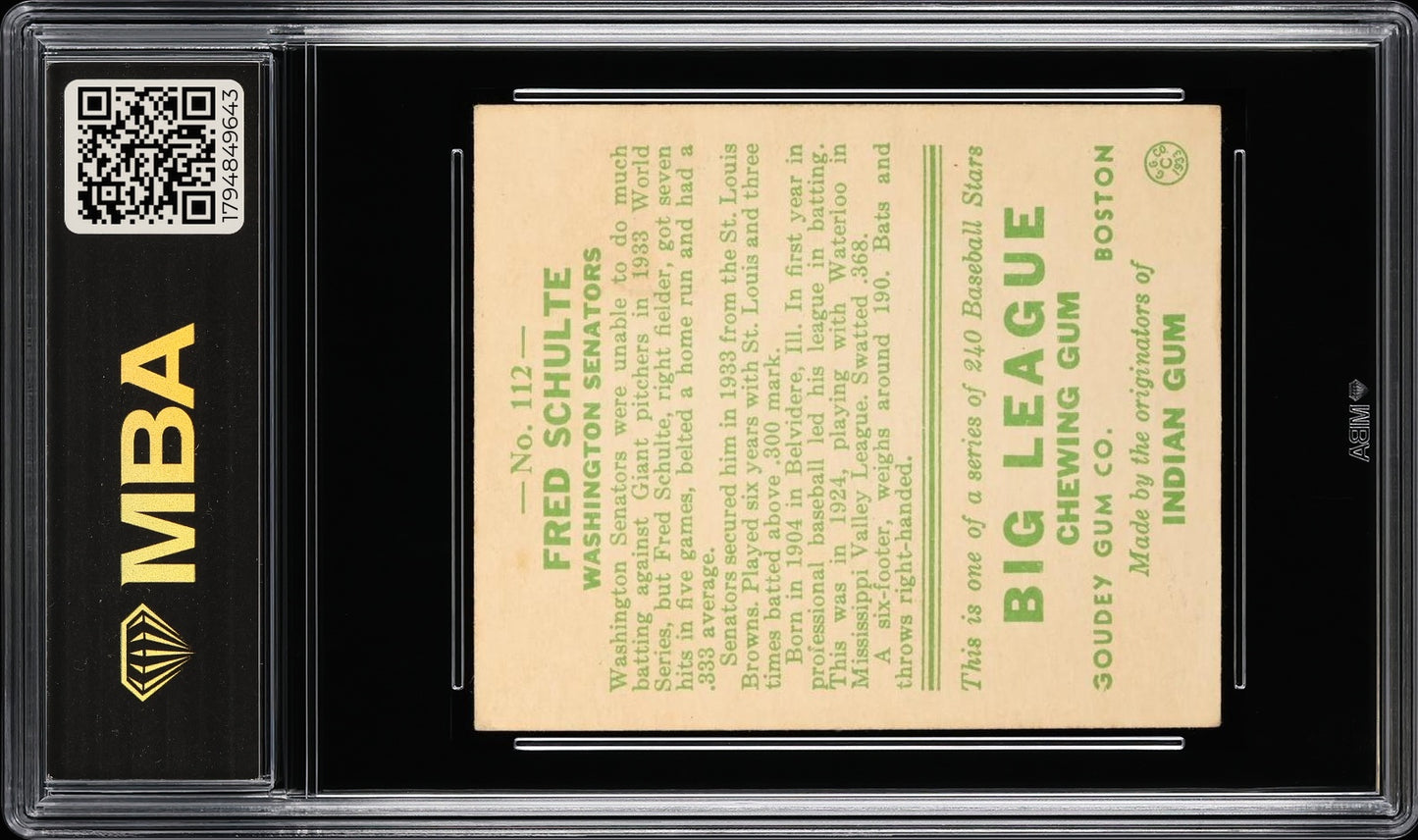 1933 Goudey (R319) Fred Schulte #112 MBA 5