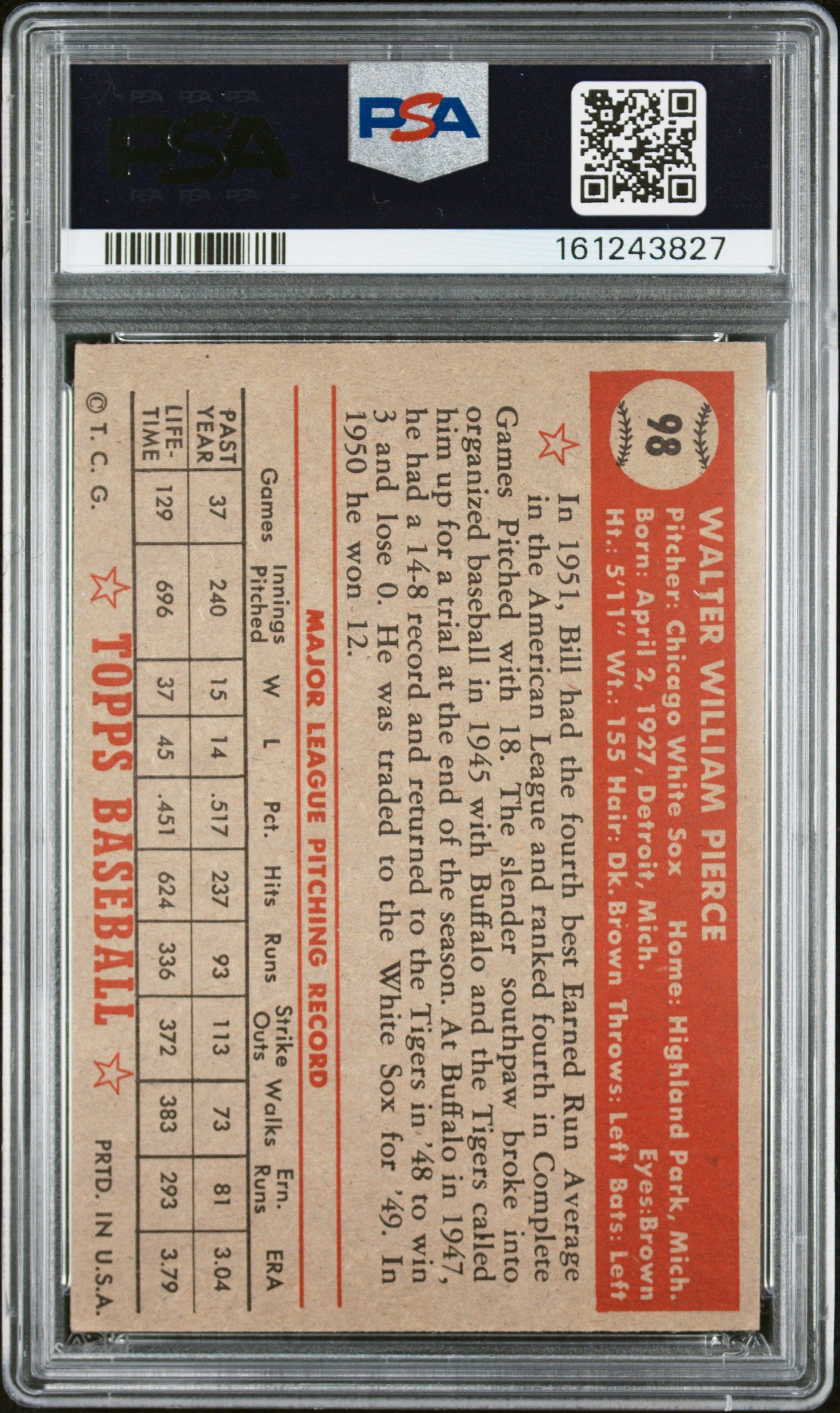 1952 Topps Bill Pierce #98 PSA 5