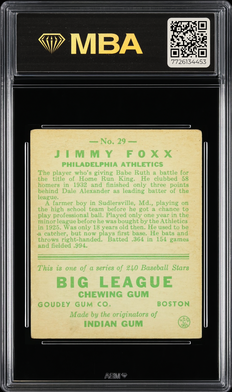 1933 Goudey Jimmy Foxx #29 MBA 3 Amazing color!