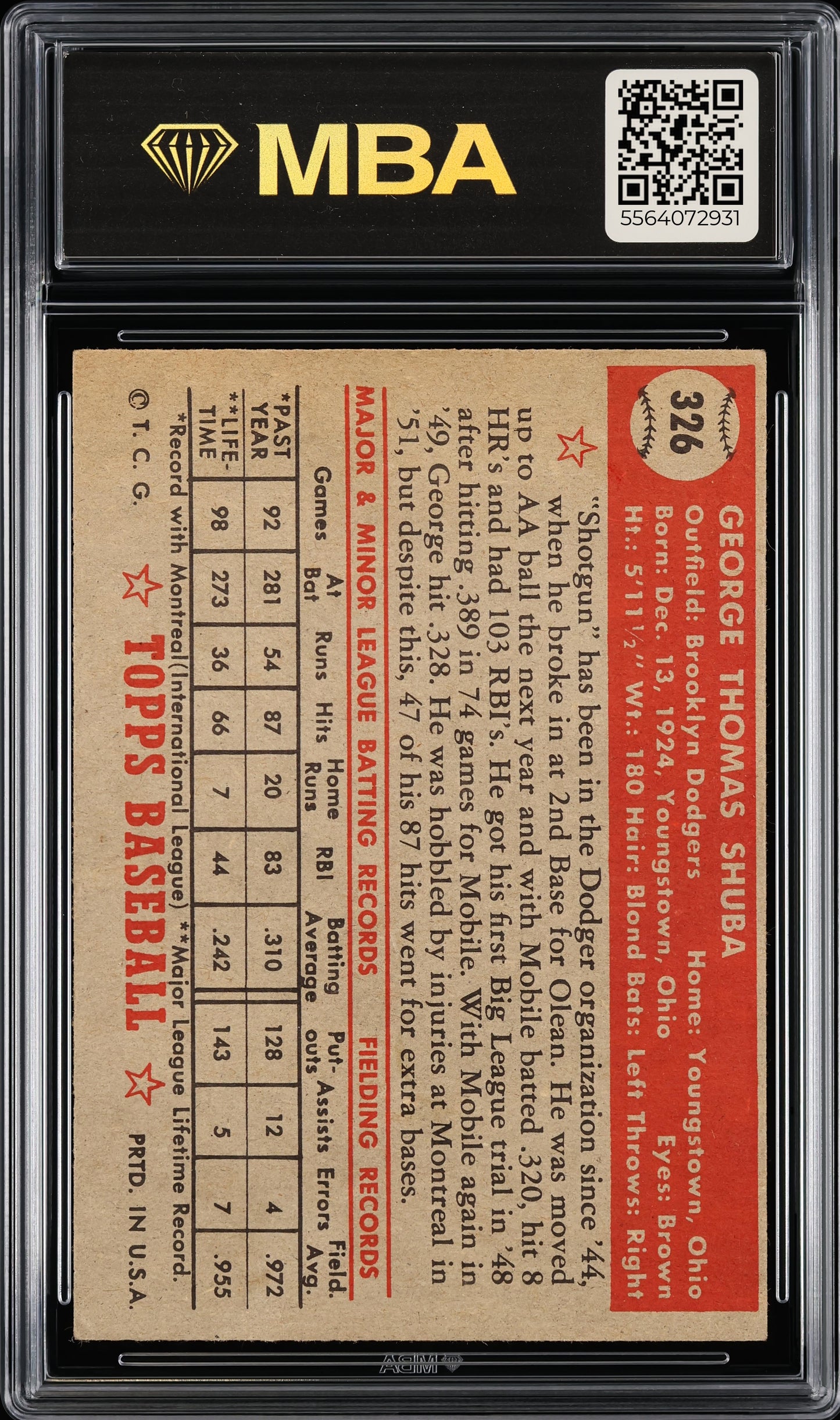 1952 Topps George Shuba #326 MBA 5