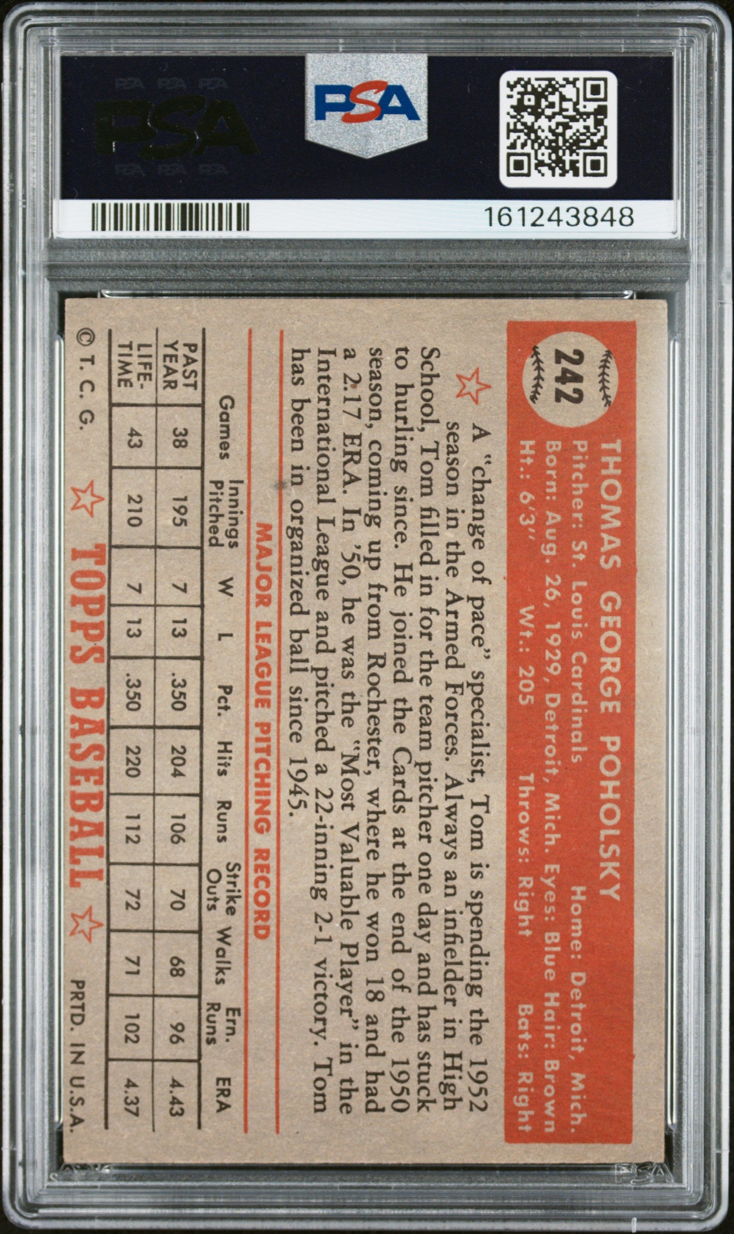 1952 Topps Tom Poholsky #242 PSA 5