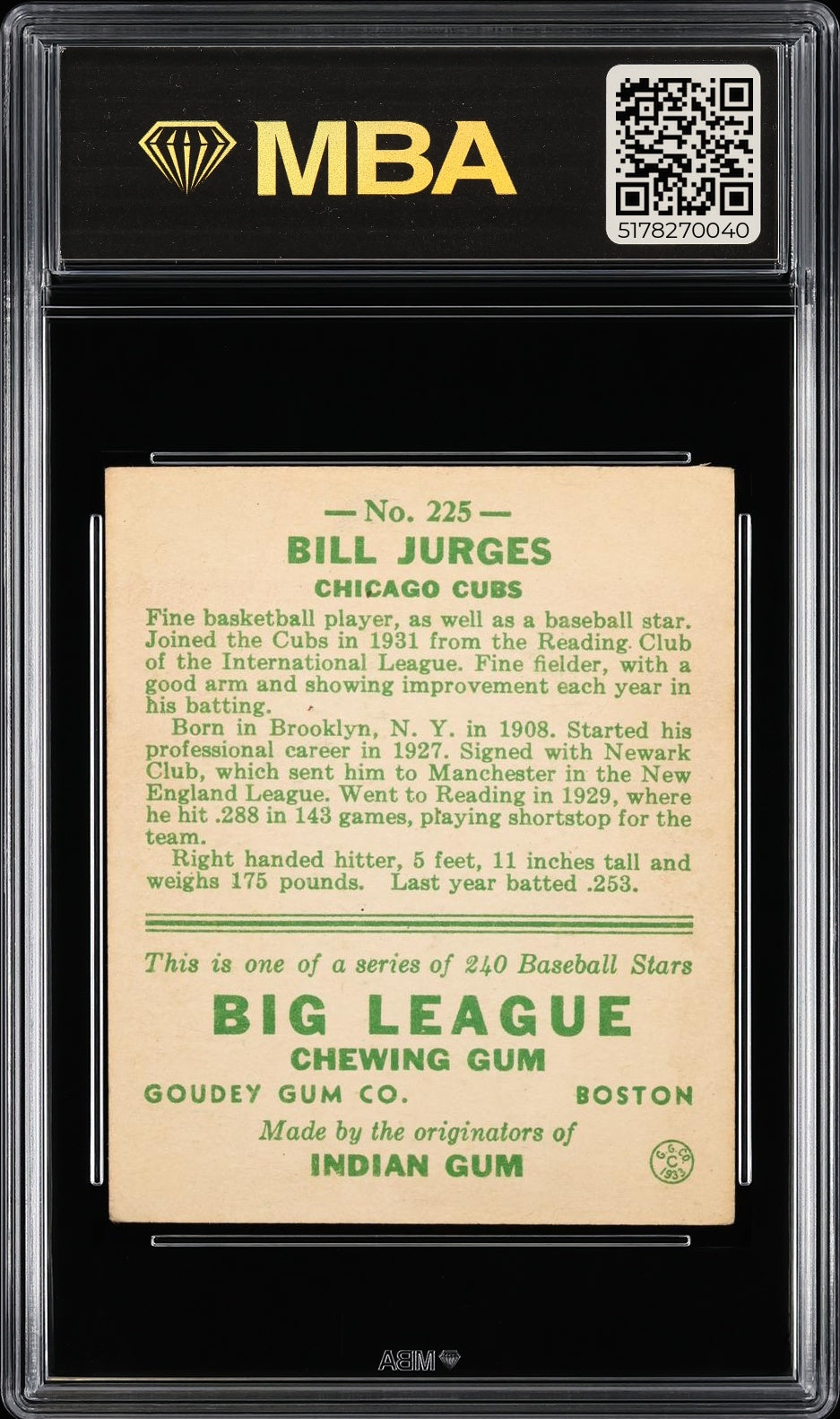 1933 Goudey (R319) Bill Jurges #225 MBA 5
