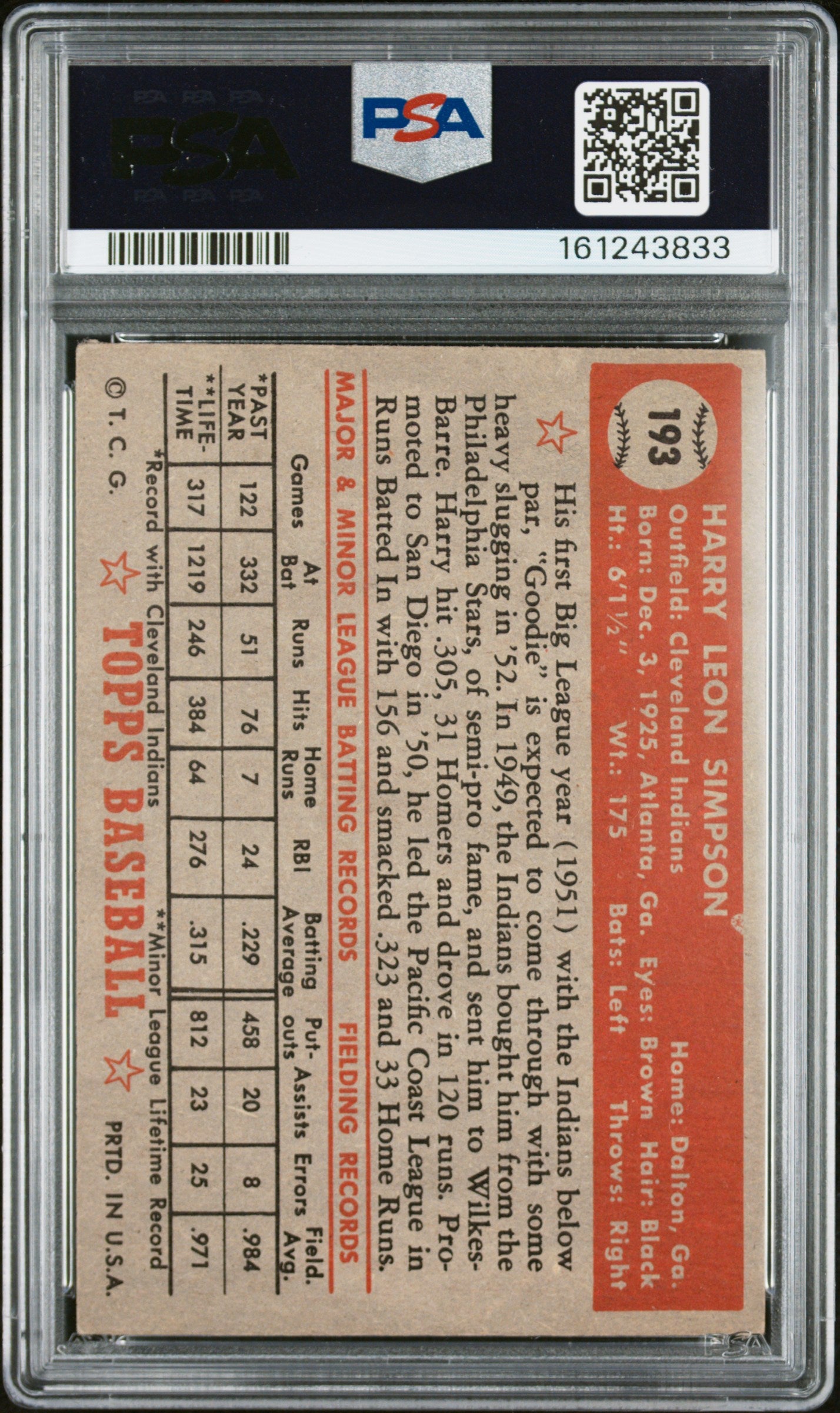 1952 Topps Harry Simpson #193 PSA 5