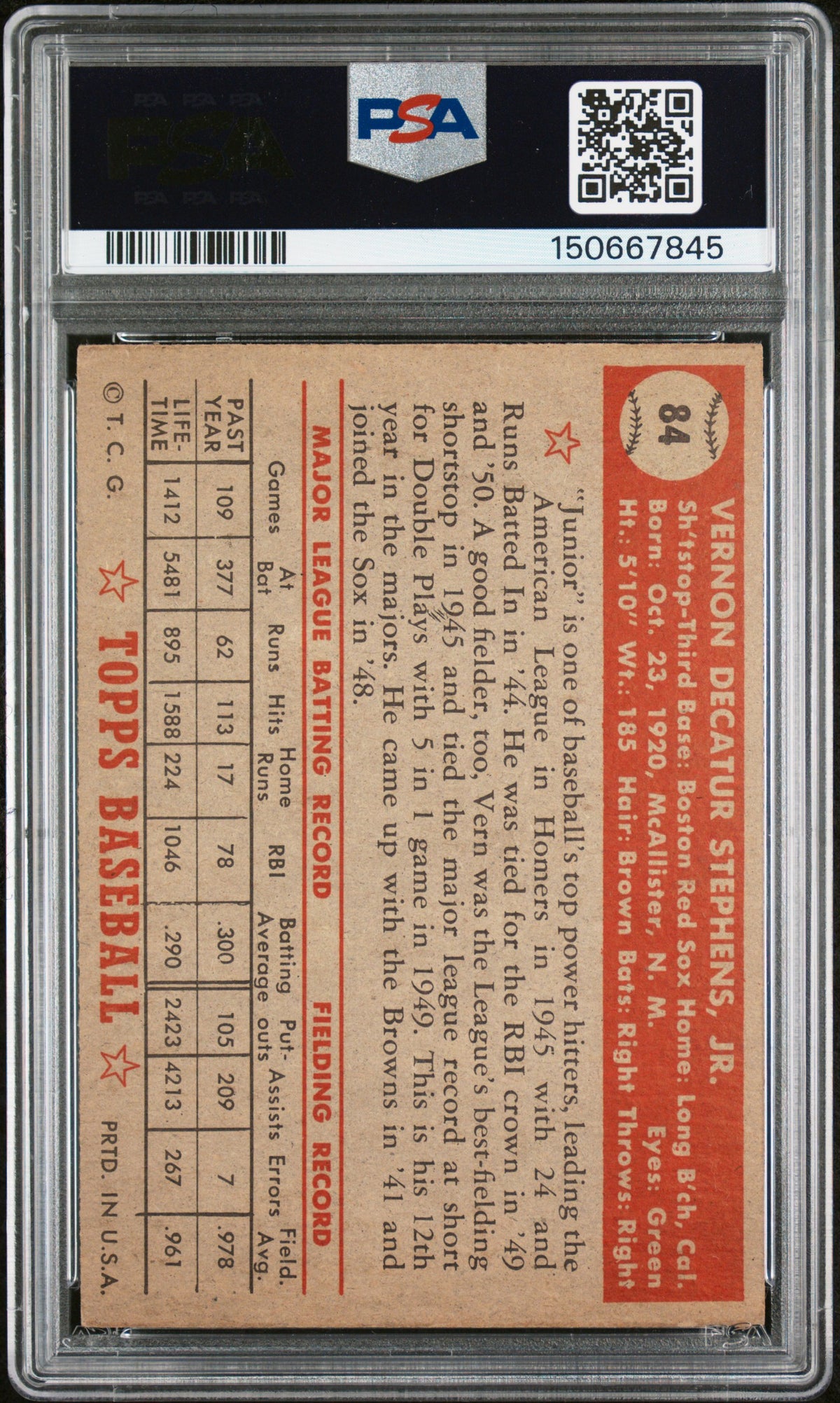 1952 Topps Vern Stephens #84 PSA 4