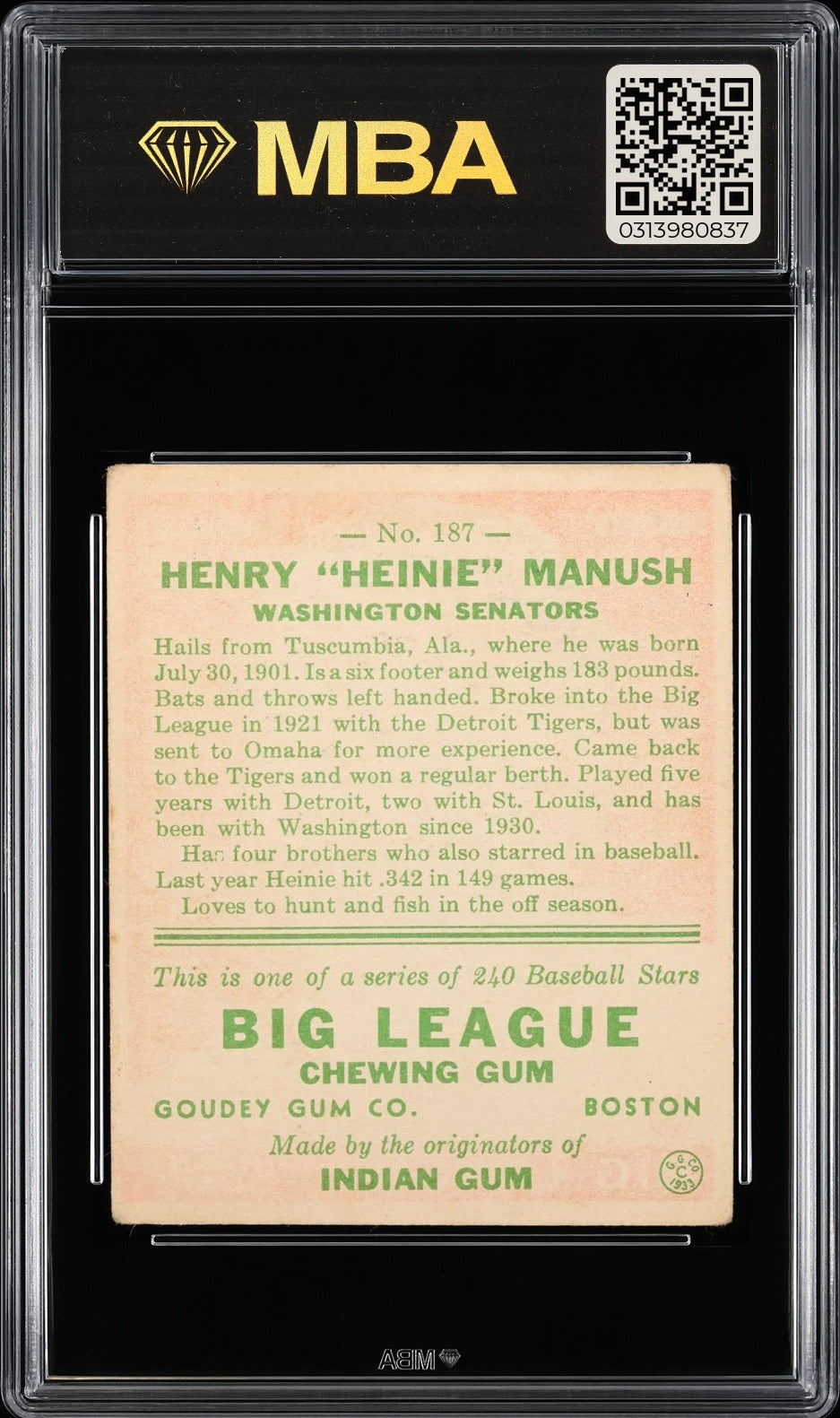 1933 Goudey (R319) Heinie Manush #187 Henry (Heinie) Manush MBA 3
