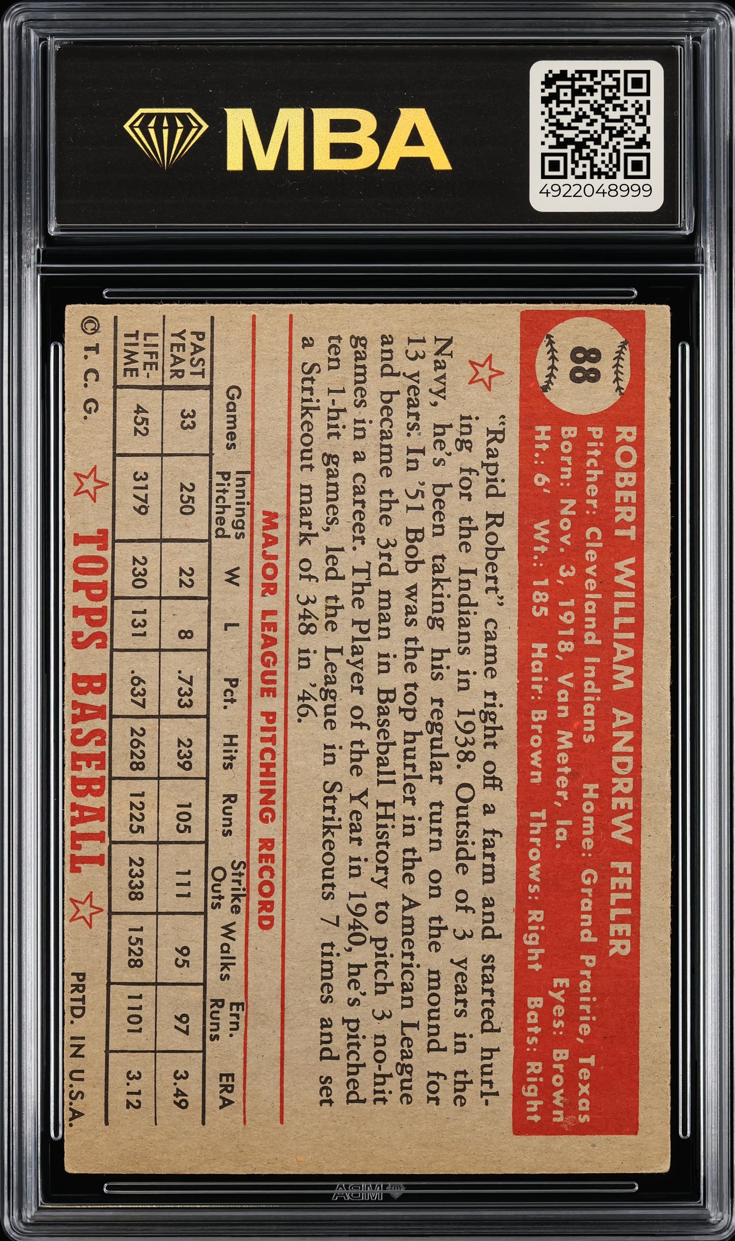 1952 Topps Bob Feller #88 MBA 5