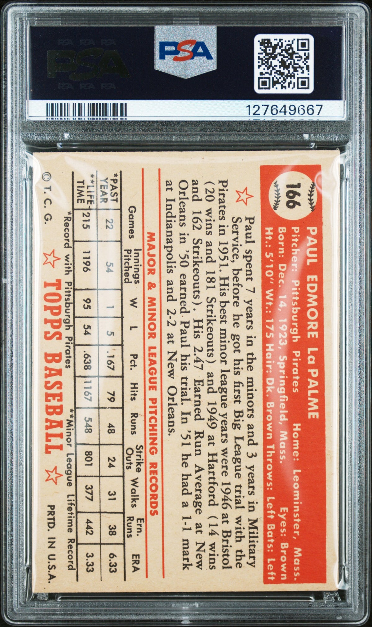 1952 Topps Paul Lapalme #166 PSA 6