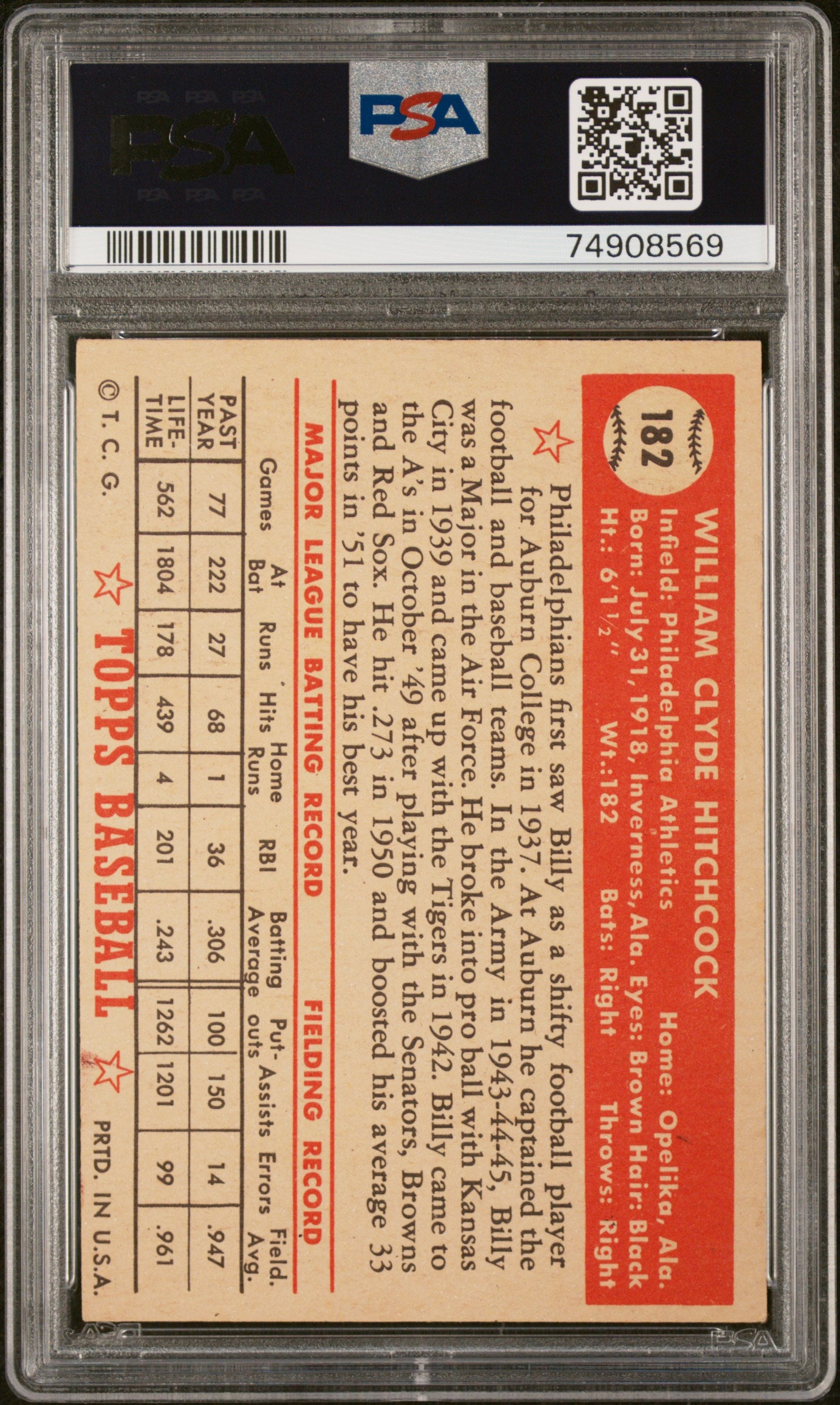 1952 Topps Billy Hitchcock #182 PSA 4