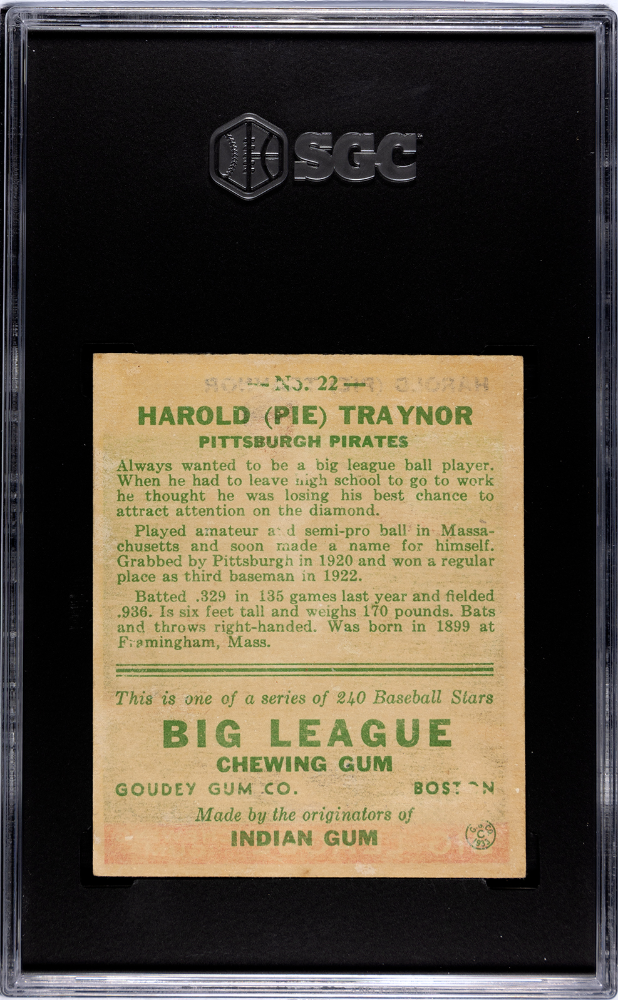 1933 Goudey Pie Traynor #22 SGC 3