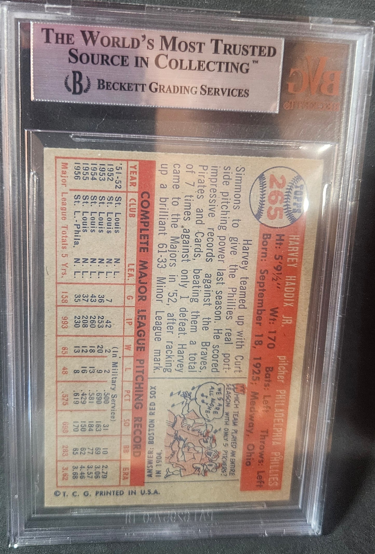 1957 Topps Harvey Haddix DP #265 BVG 8.5