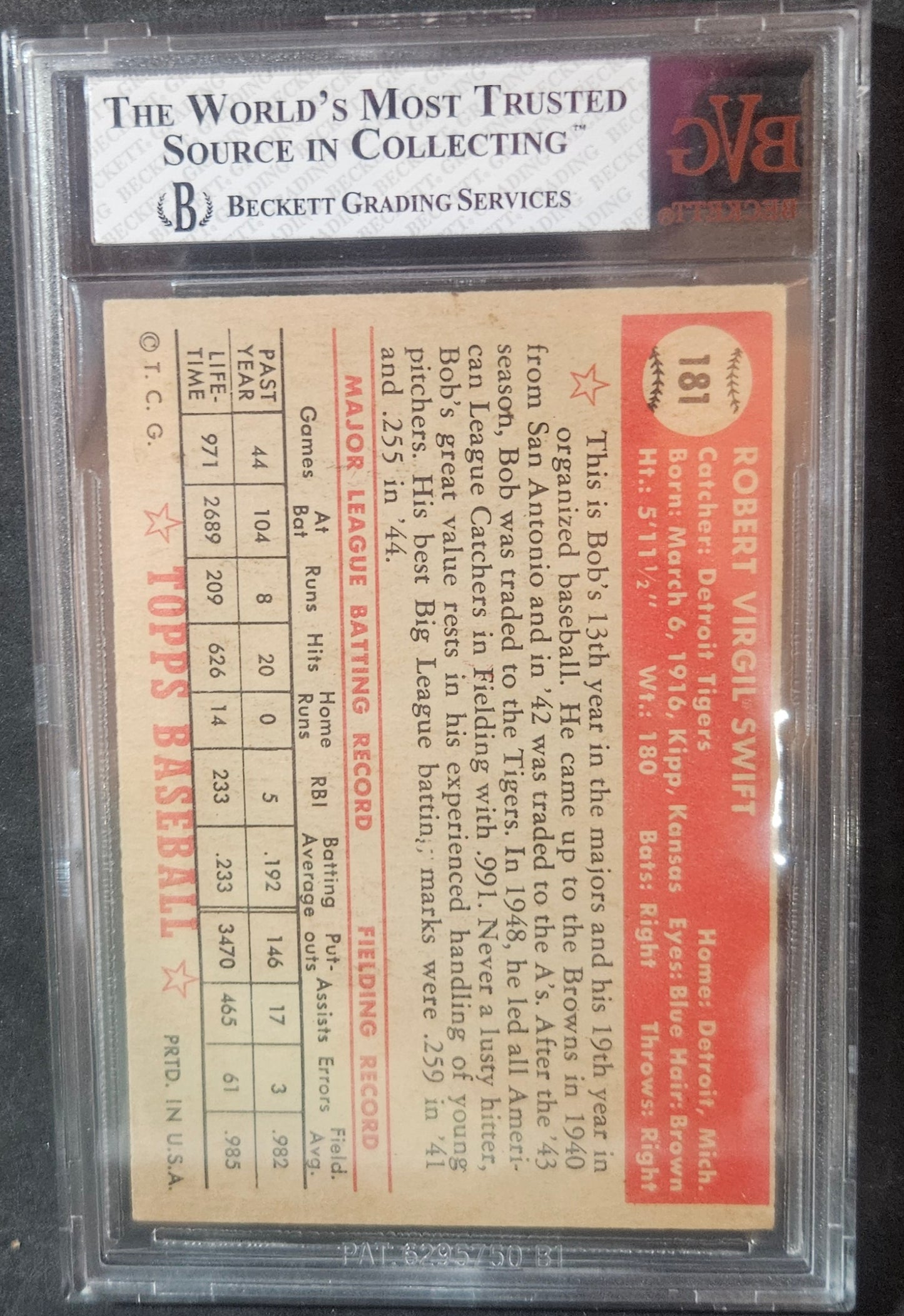 1952 Topps Bob Swift #181 BVG 5.5