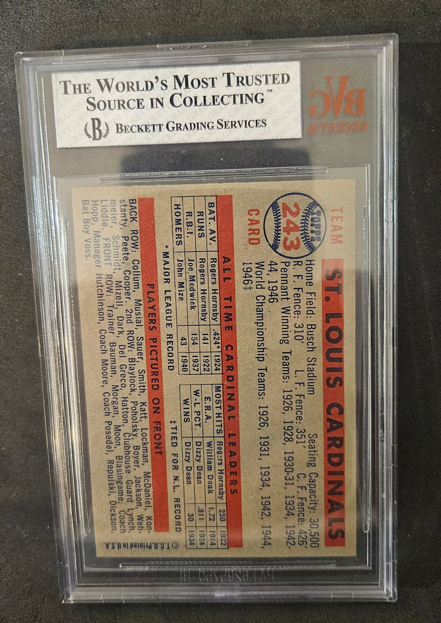 1957 Topps St. Louis Cardinals TC #243 BVG 8 Beauty!