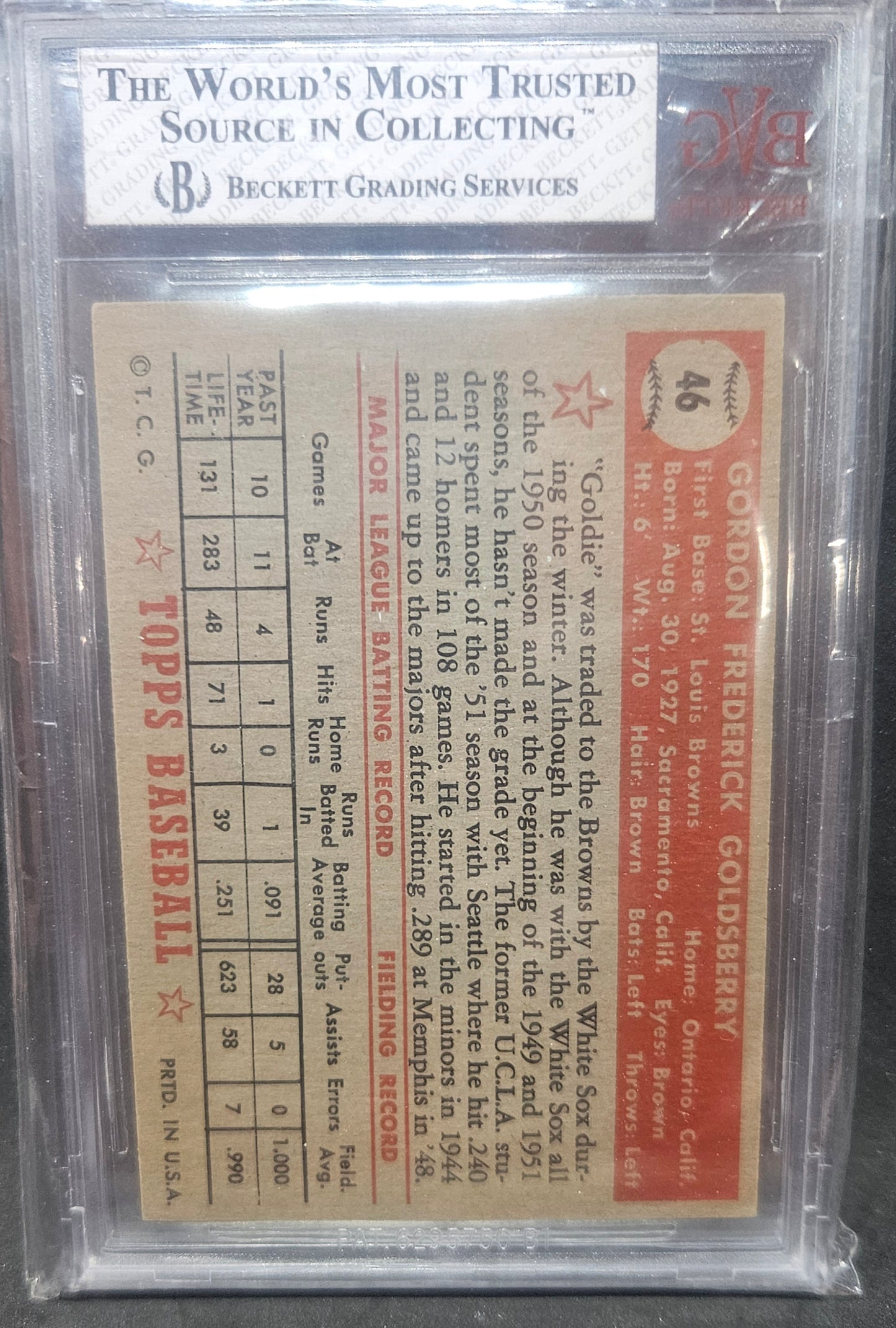 1952 Topps 46 Gordon Goldsberry Bvg 6 black back