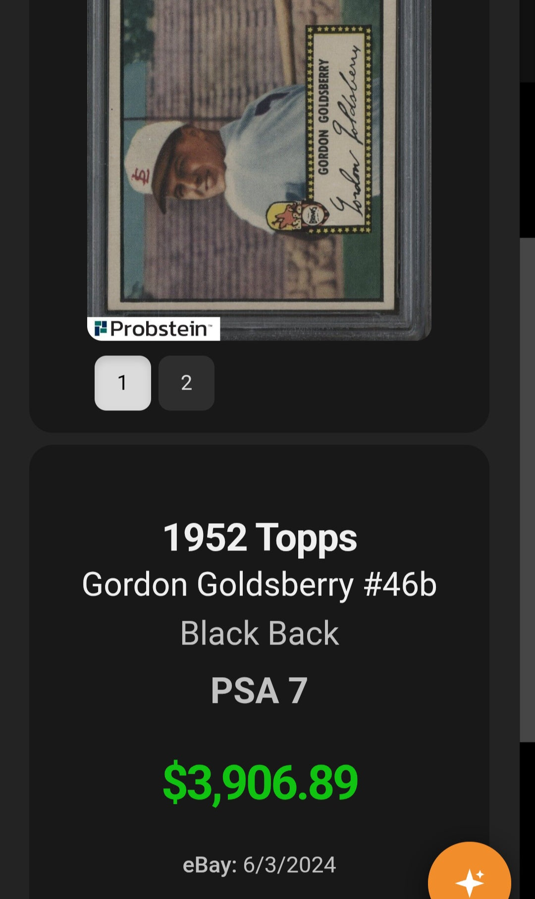 1952 Topps Gordon Goldsberry #46 Black Back PSA 7