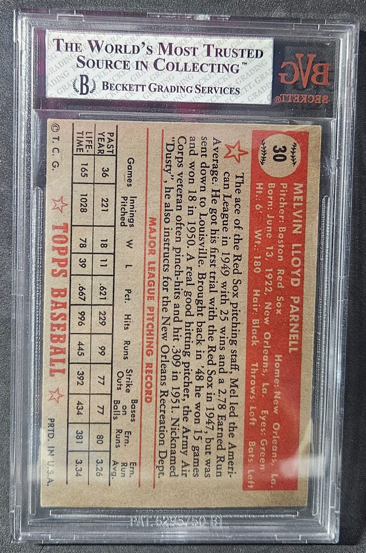 1952 Topps Mel Parnell #30 BVG 6 Tough card!
