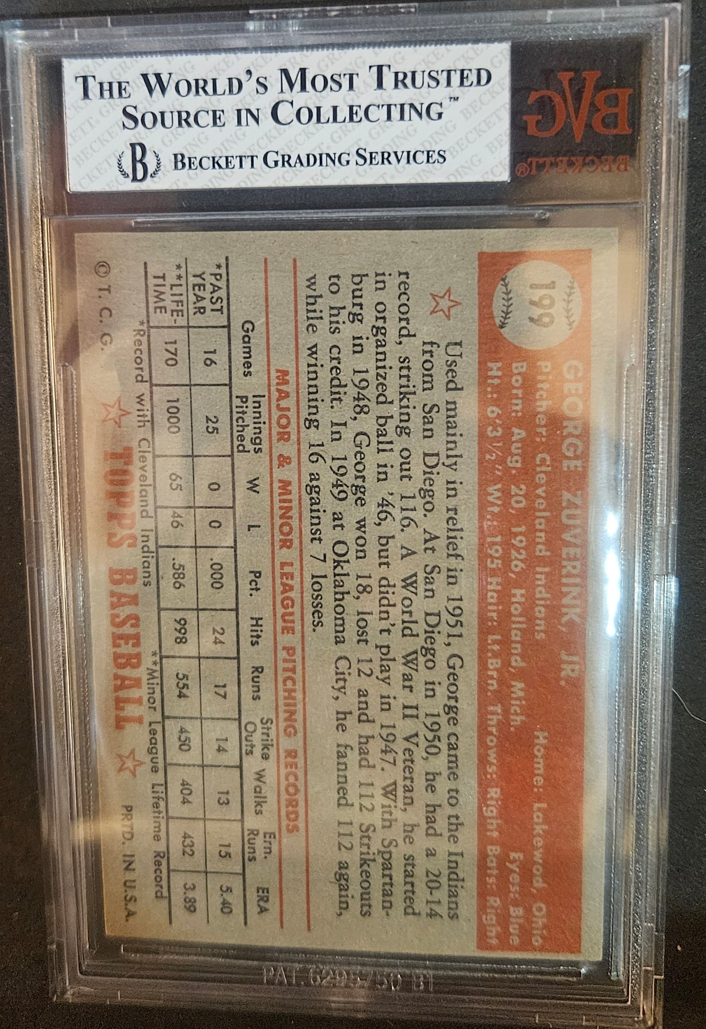 1952 Topps George Zuverink #199 Rookie BVG 6.5