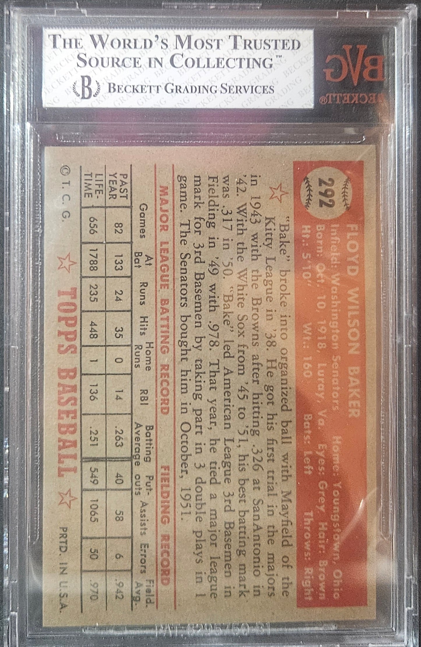 1952 Topps Floyd Baker SP #292 BVG 7.5