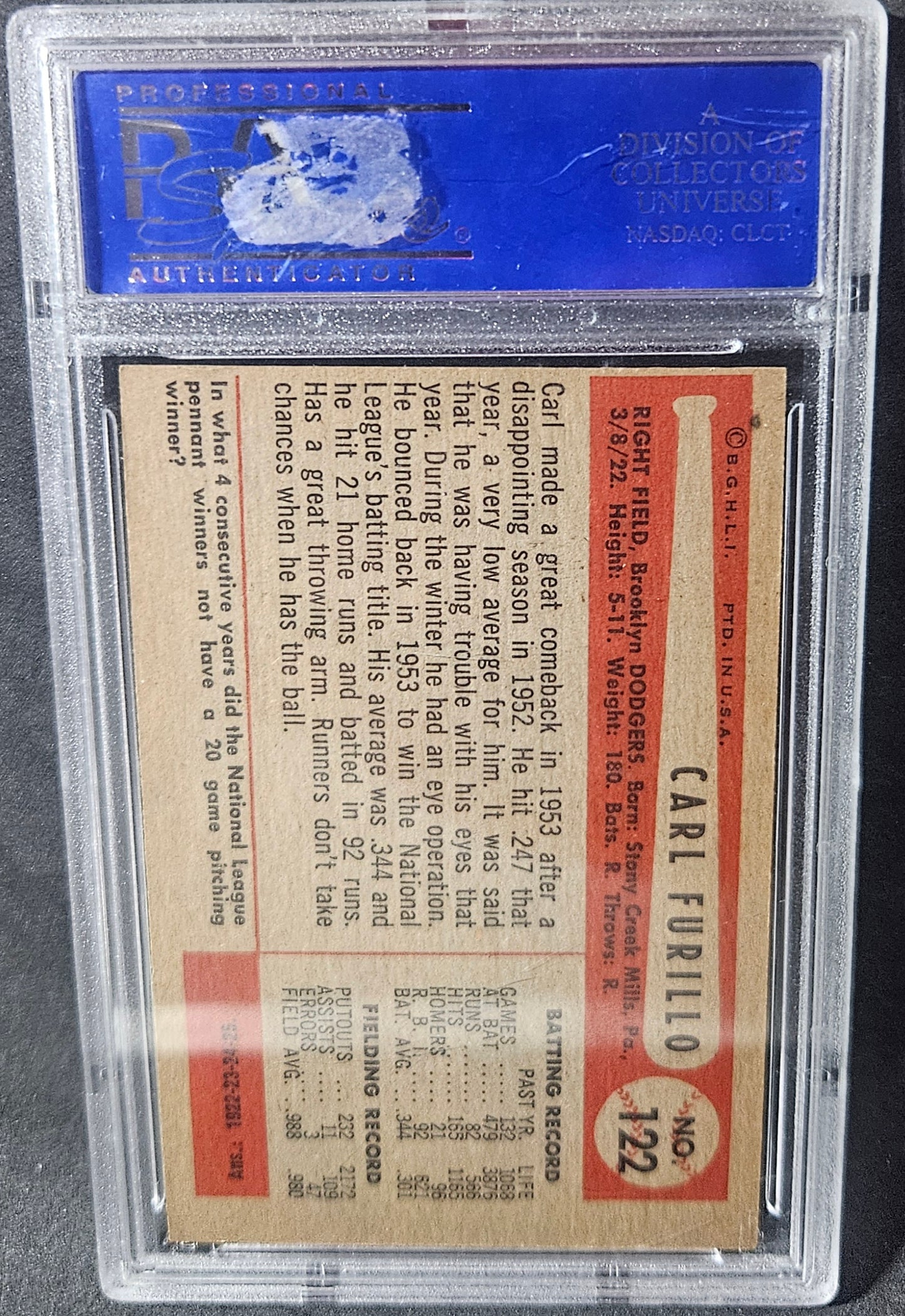 1954 Bowman Carl Furillo #122 Oc PSA 8