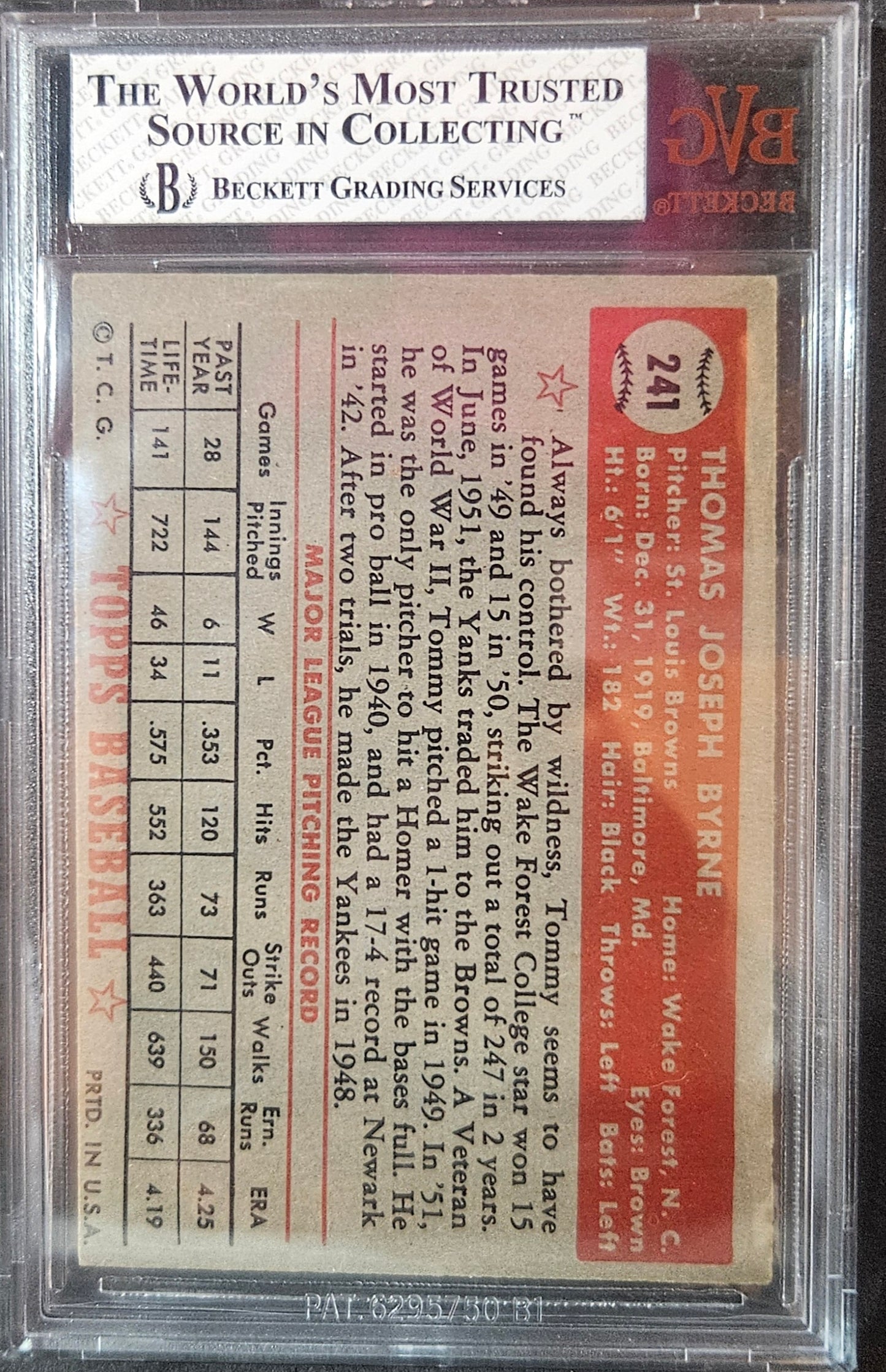 1952 Topps Tommy Byrne #241 BVG 6