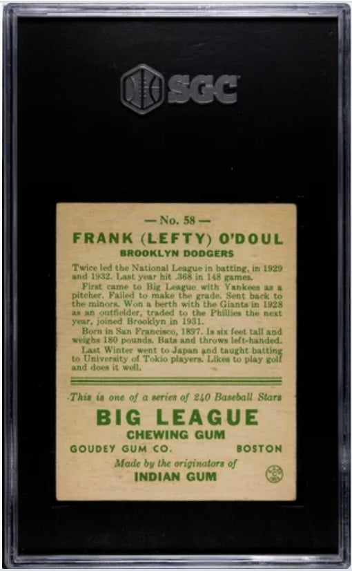 1933 Goudey Lefty O'doul #58 SGC 4.5, MBA Silver