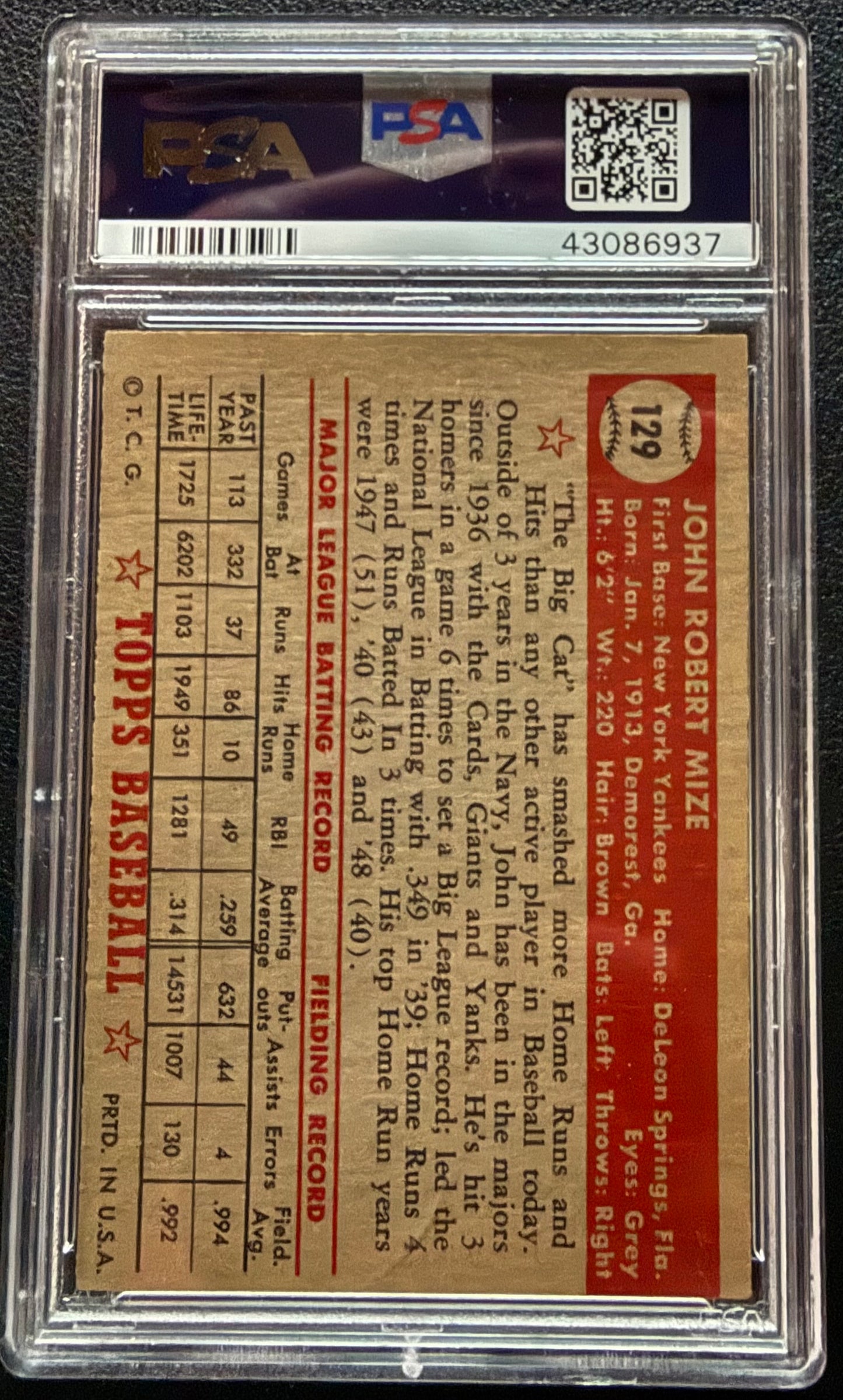 1952 Topps Johnny Mize #129 PSA 5