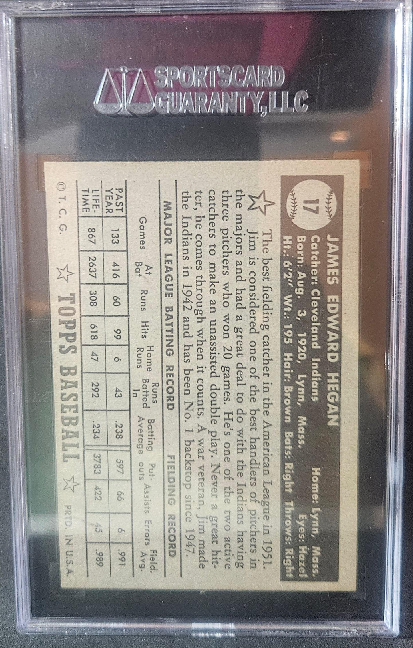 1952 Topps Jim Hegan #17 Black Back SGC 5