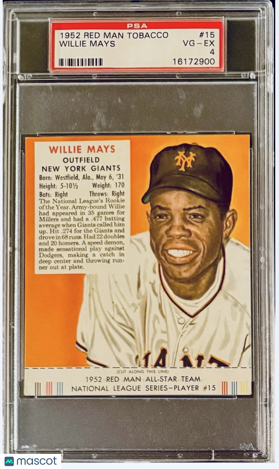 1952 Red Man Tobacco Willie Mays #15 PSA 4