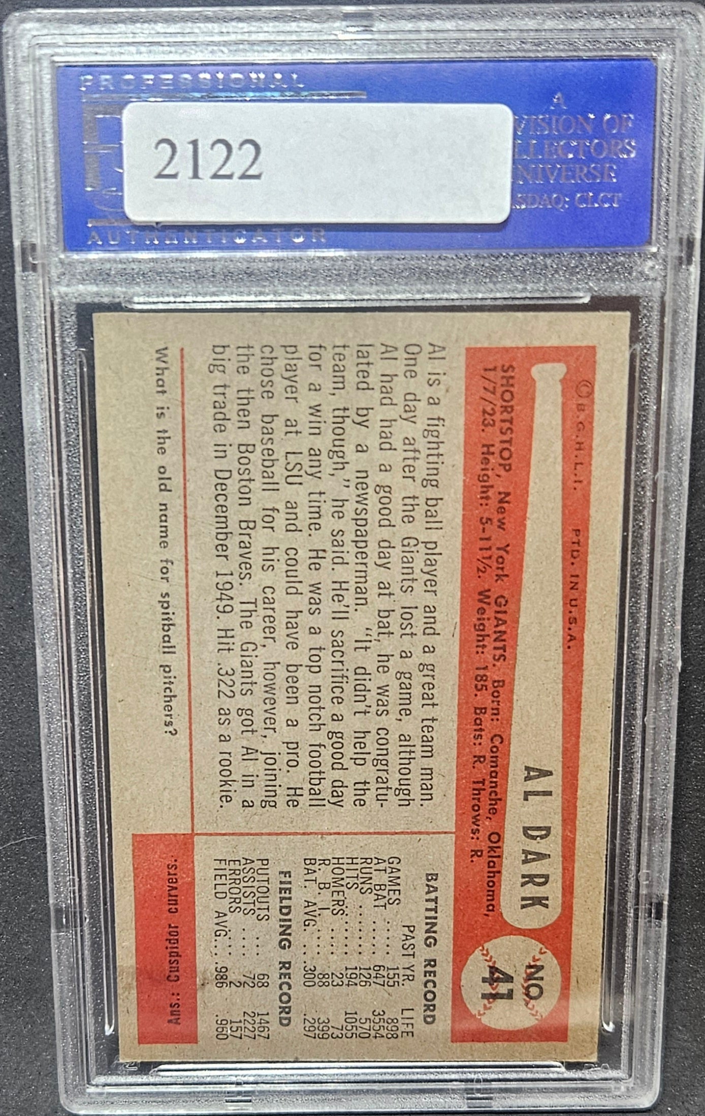 1954 Bowman Alvin Dark #41. 986. 960 Field Avg. Oc PSA 8
