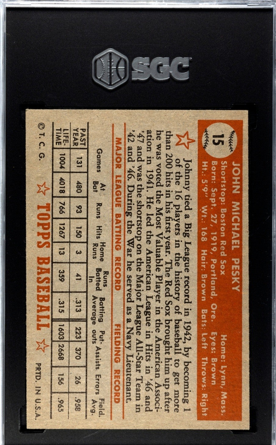 1952 Topps - Johnny Pesky #15 Red Back SGC 6.5