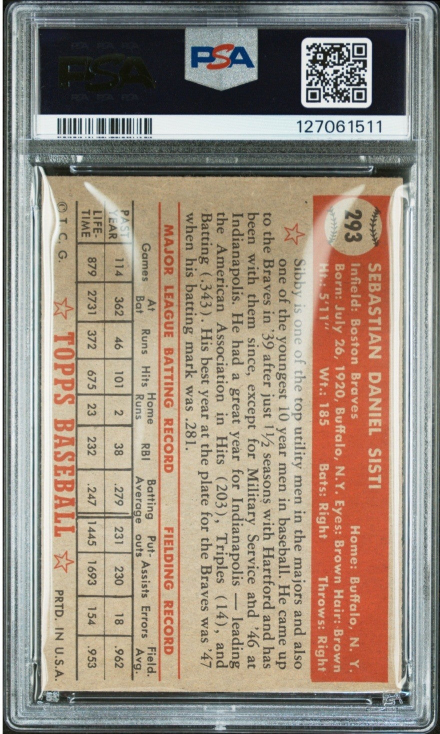 1952 Topps - Sibby Sisti #293 PSA 5.5 bright white and beautiful!