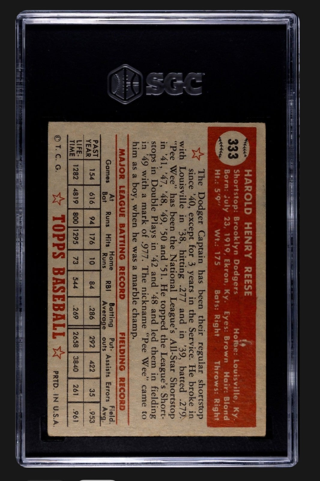 1952 Topps #333 Pee Wee Reese SGC Authentic
