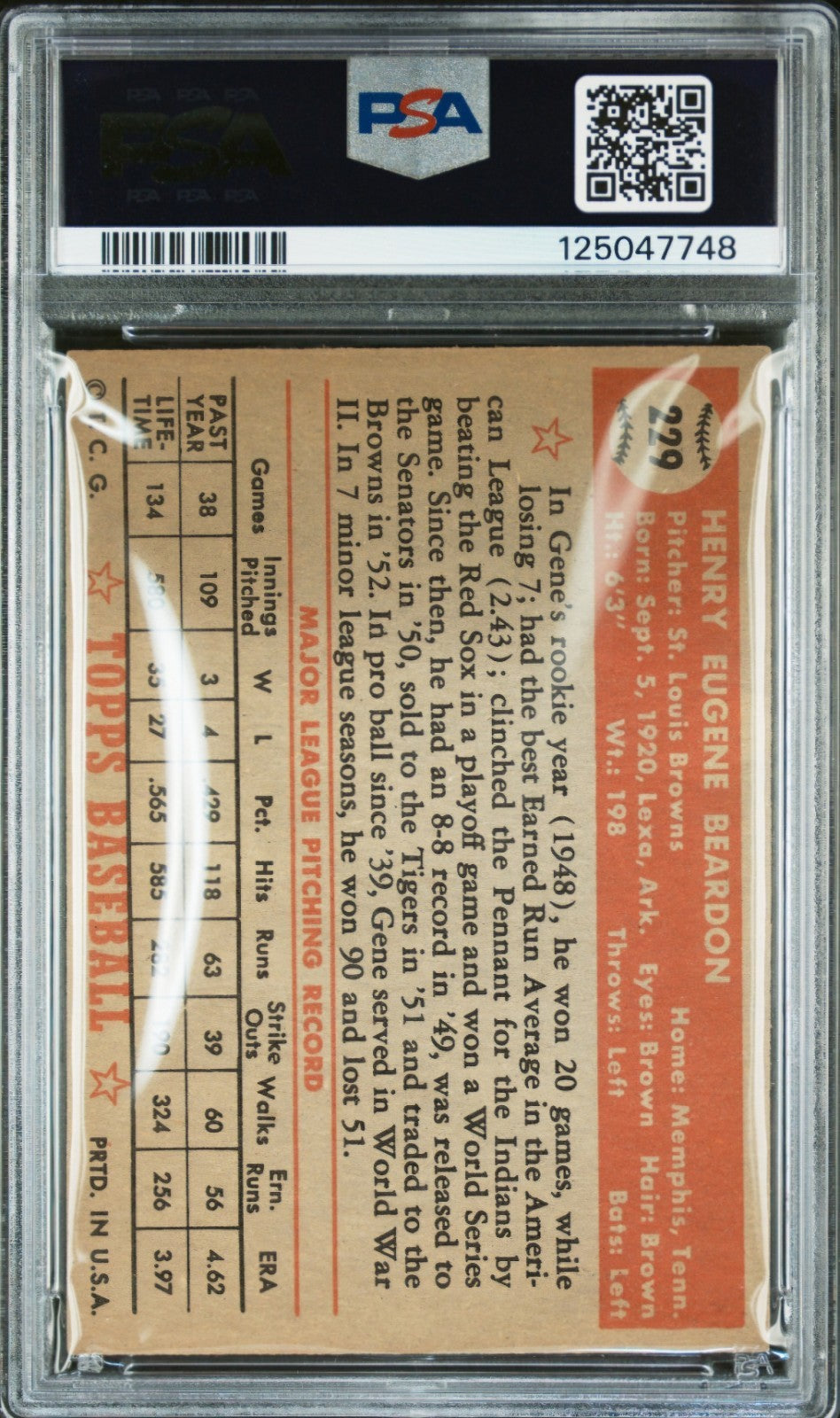 1952 Topps 229 Gene Beardon Psa 6