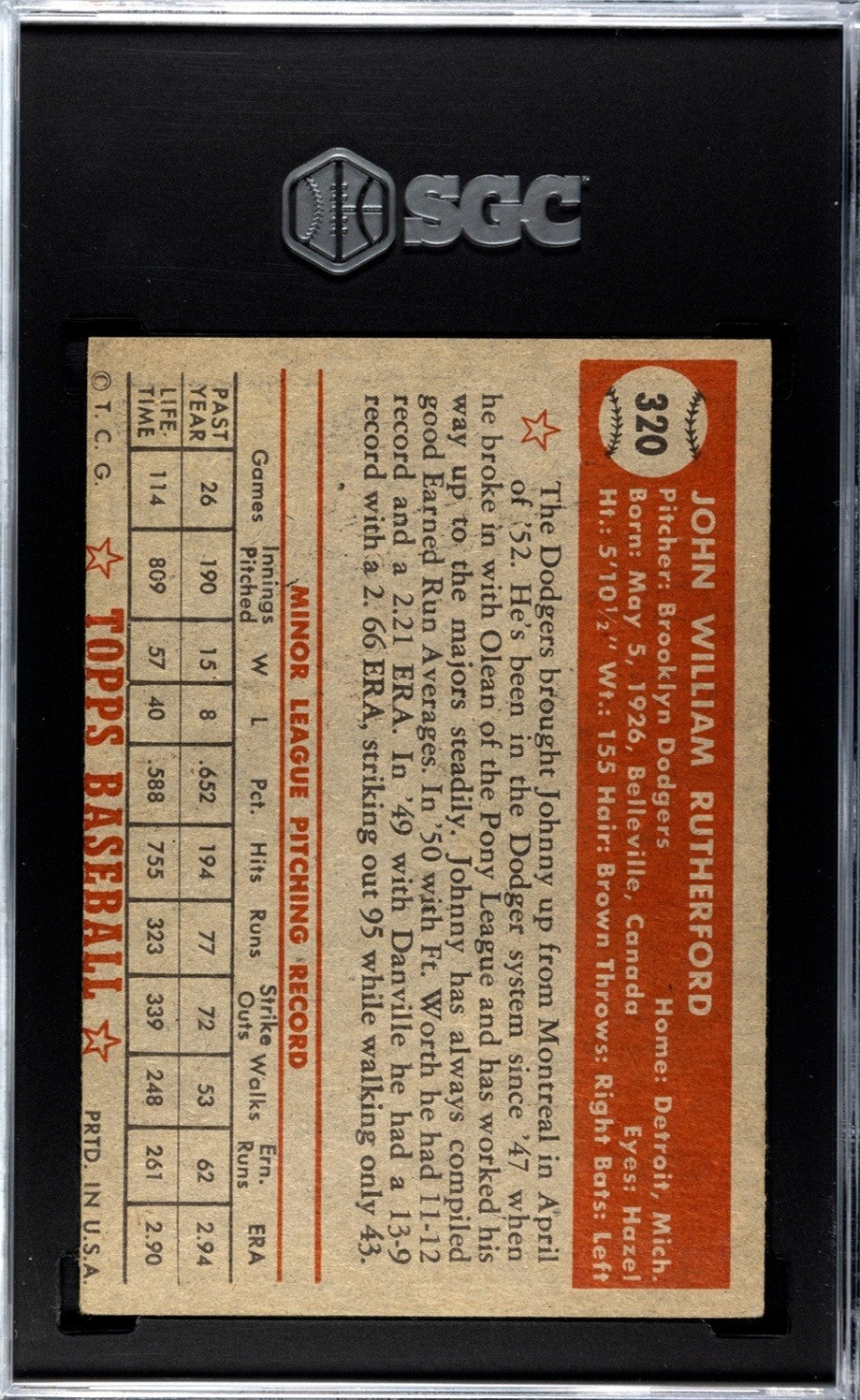 1952 Topps John Rutherford # 320 SGC Authentic
