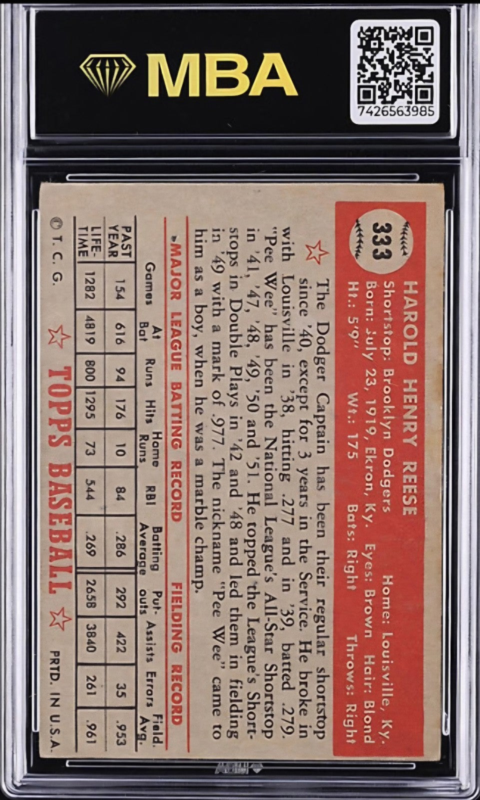 1952 Topps - High # Pee Wee Reese #333 MBA 4