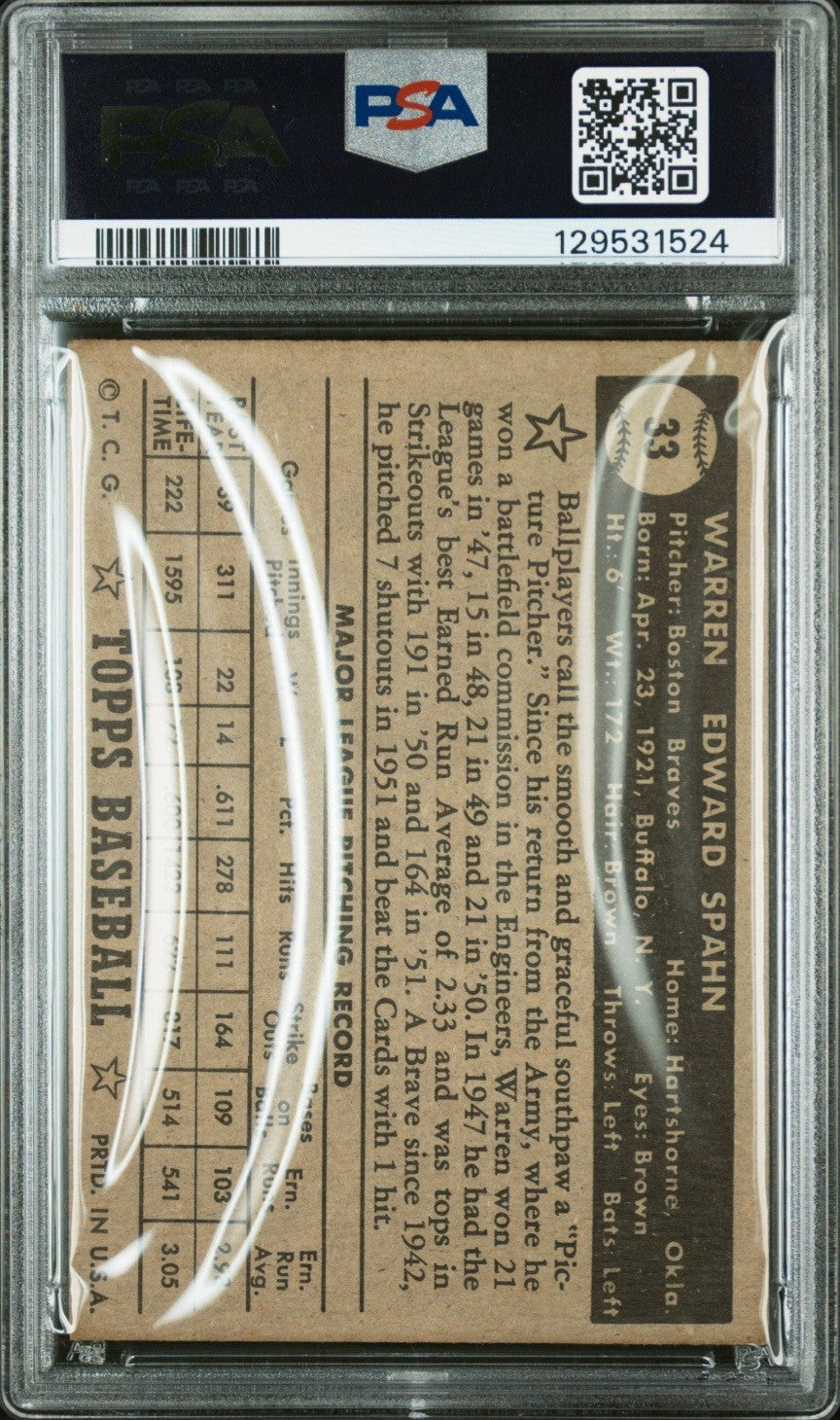 1952 Topps - Warren Spahn #33 Psa 3 Black Back