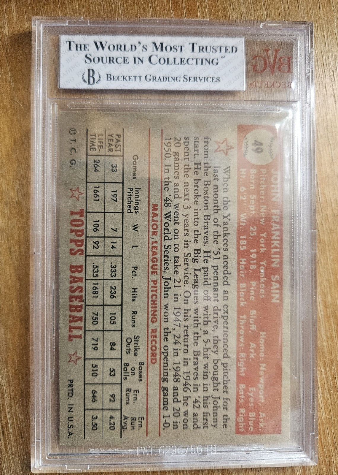 1952 Topps  Johnny Sain #49 Red Back BVG 6.5