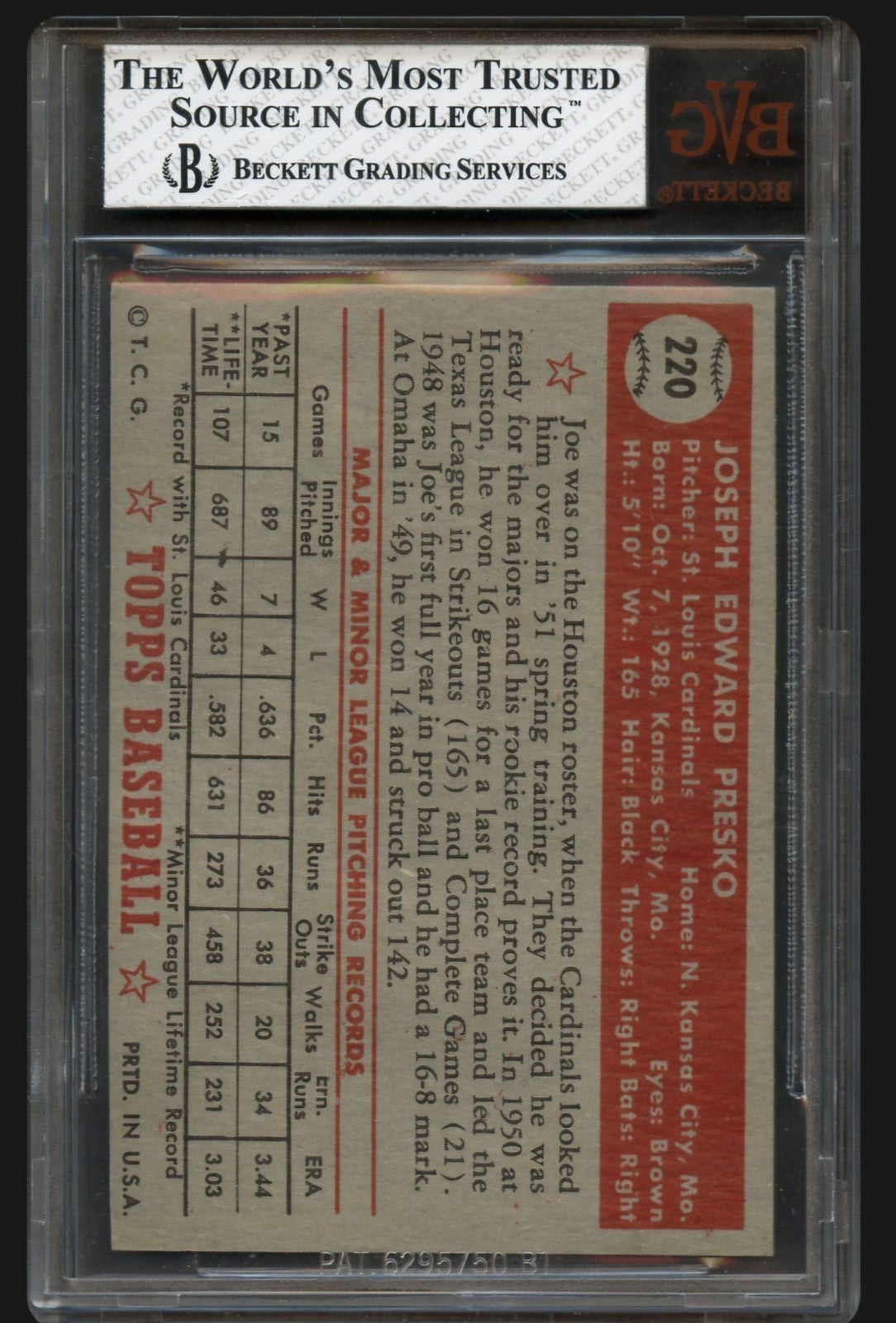 1952 Topps - Joe Presko #220 (RC) Bvg 6
