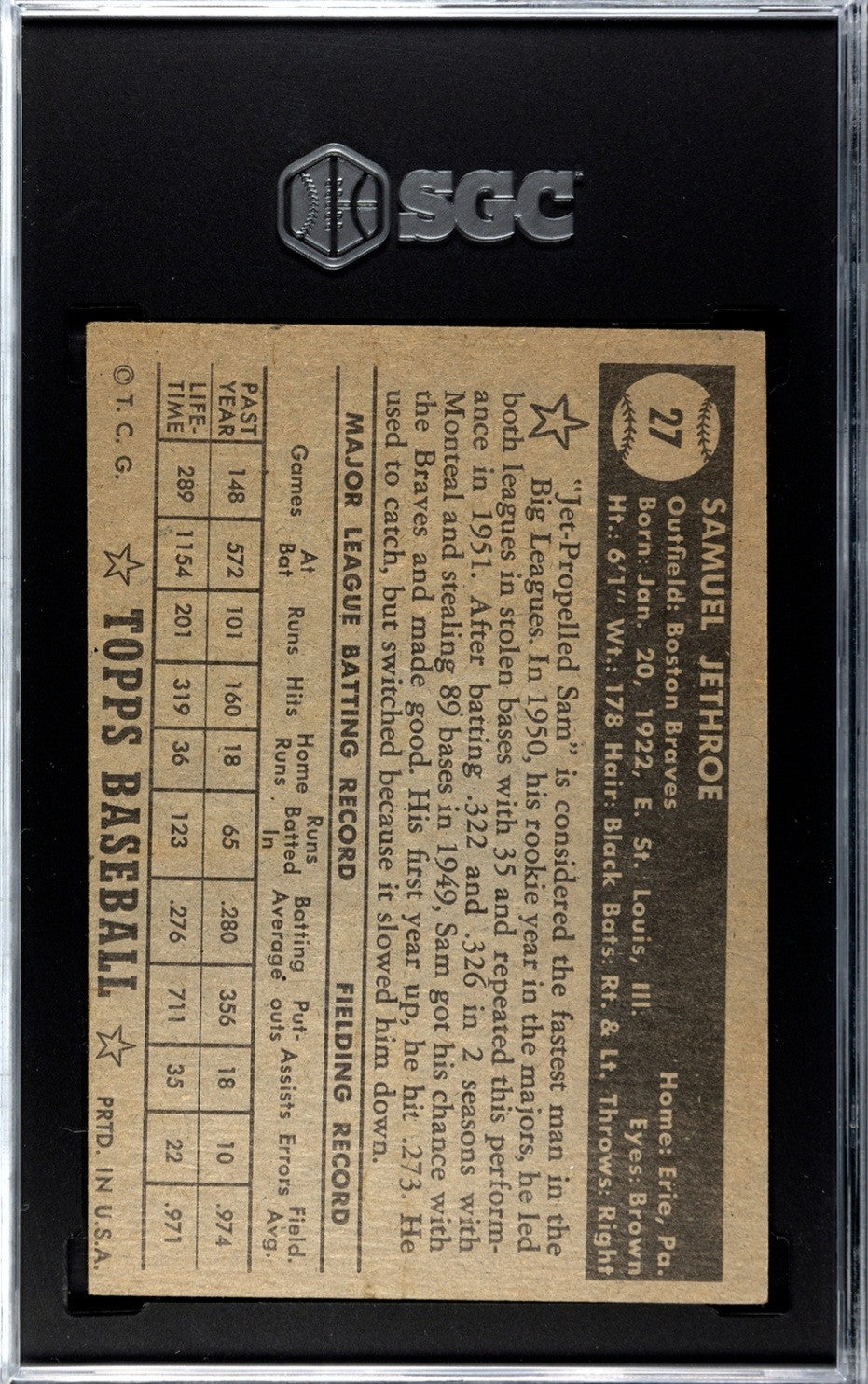 1952 Topps Sam Jethroe #27 Sgc 5.5 Black Back