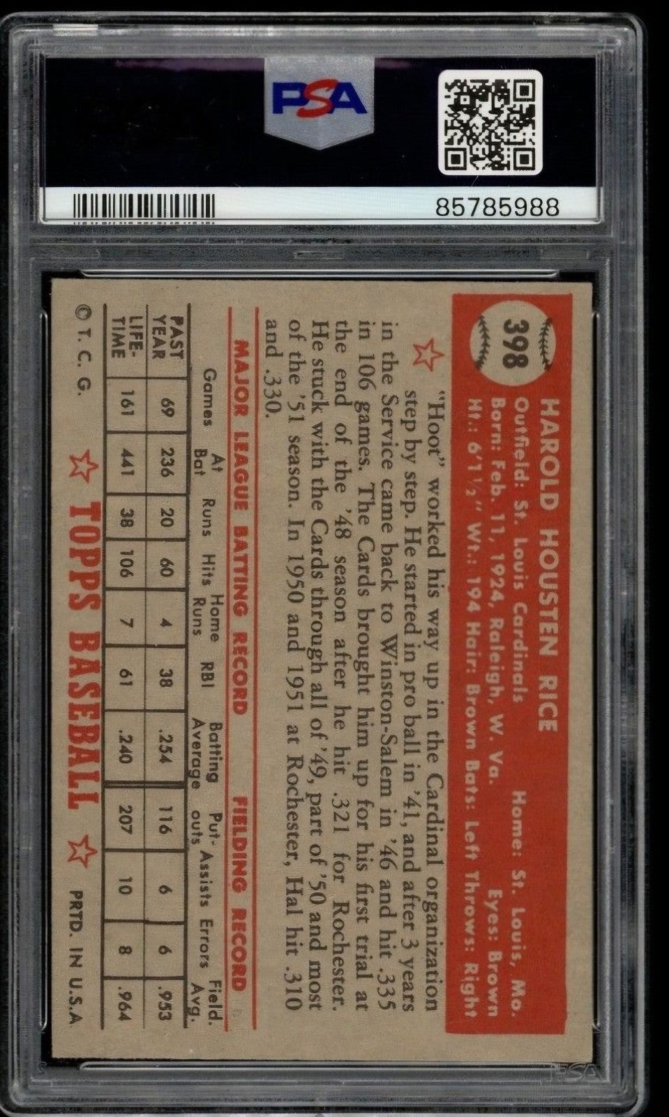 1952 TOPPS #398 HAL RICE PSA 5