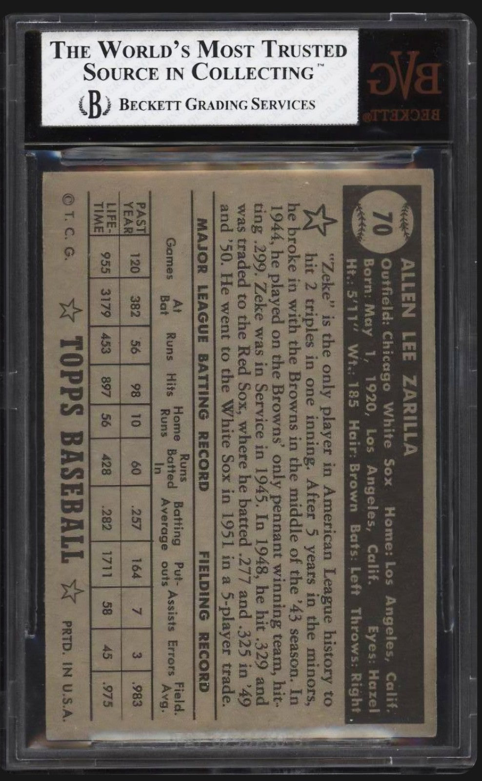 1952 Topps - Al Zarilla #70 Black Back BVG 7