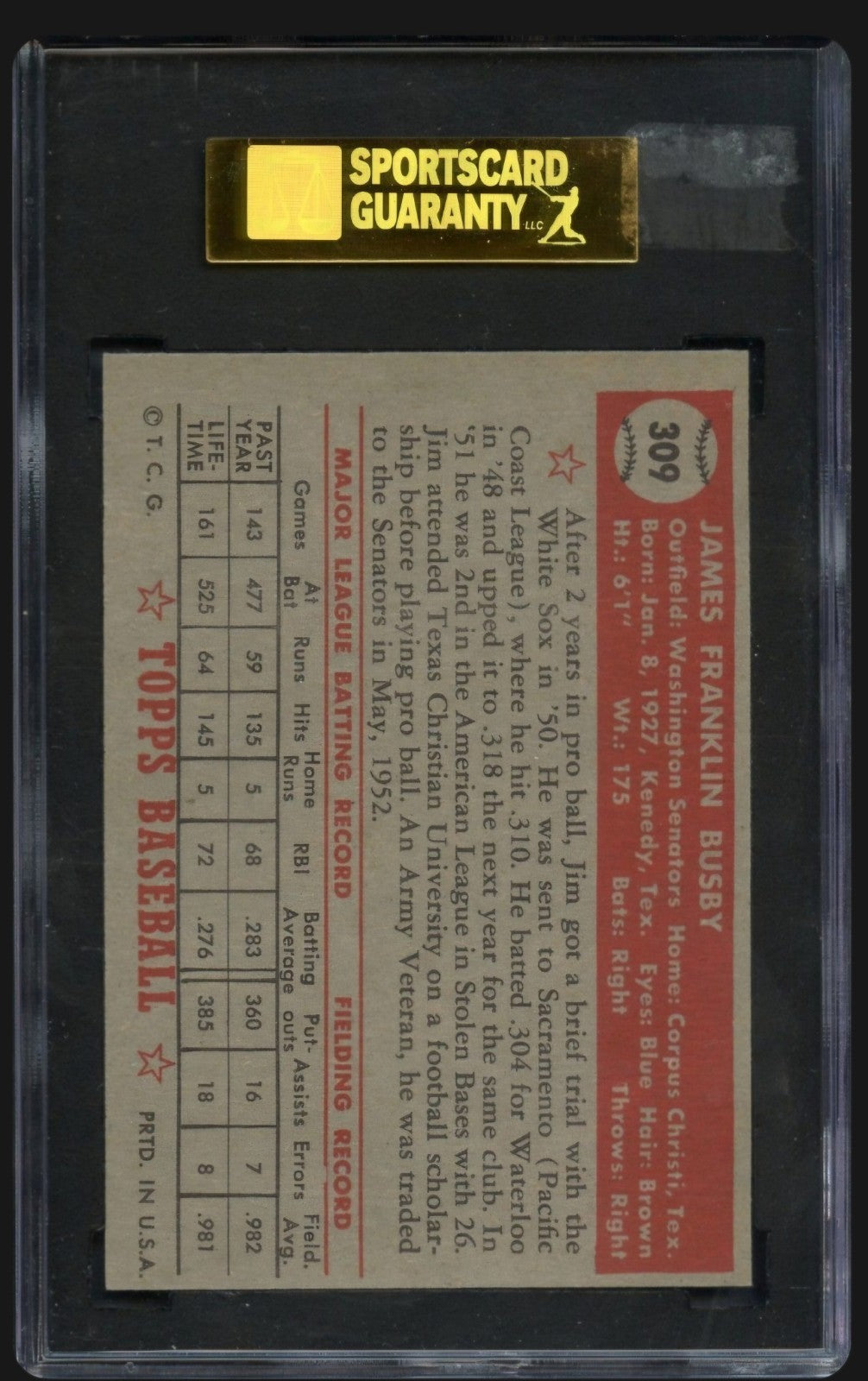 1952 Topps Jim Busby #309 SGC 7