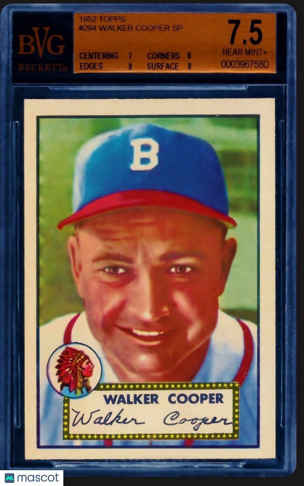 1952 topps baseball card # 294 walker cooper BVG 7.5