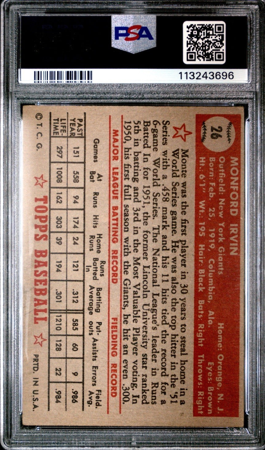 1952 Topps Monte Irvin #26 Red Back PSA 3